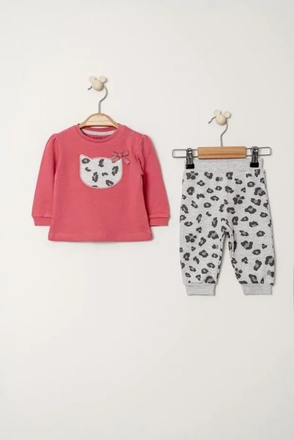 Pamuklu Nakışlı Sweat Patiksiz Alt 2li Pembe  Bebe Takım