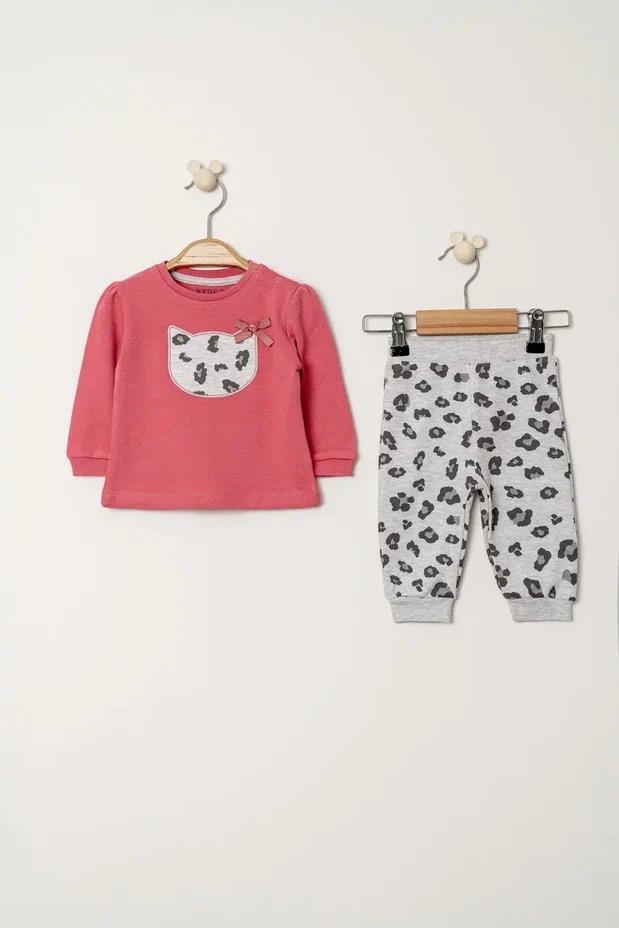 Pamuklu Nakışlı Sweat Patiksiz Alt 2li Pembe  Bebe Takım