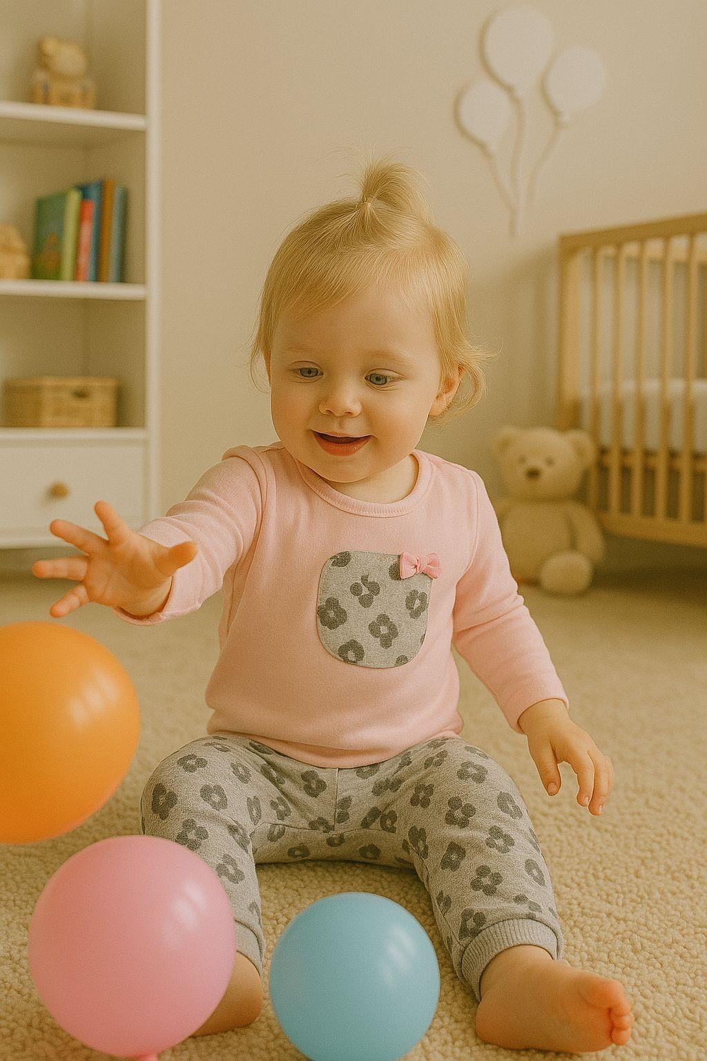 Pamuklu Nakışlı Sweat Patiksiz Alt 2li Pembe  Bebe Takım