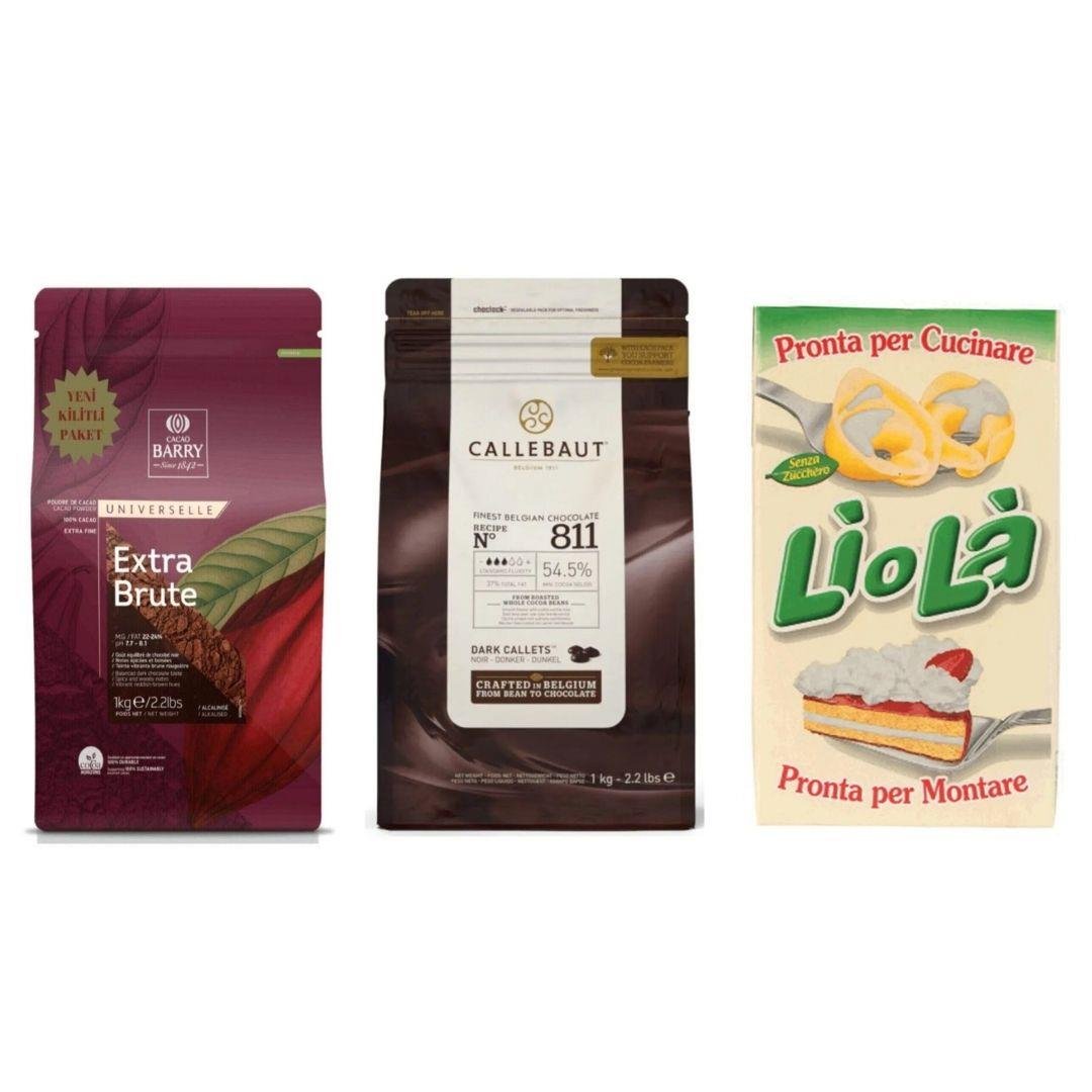 Extra Brute Toz Kakao 1 KG 811 Bitter Drop 1 KG Liola Şekersiz Sıvı Şanti 1 KG (3lü Pastacılık Fırsat Seti)