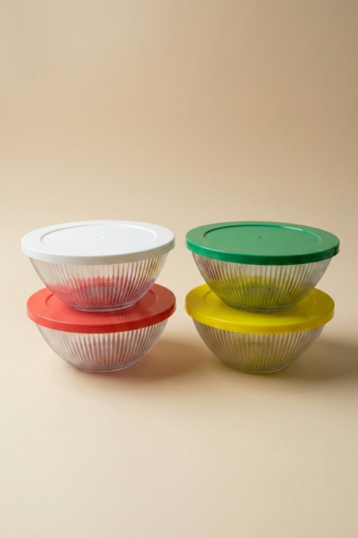 4'lü Set Çizgi Desenli Renkli Kapaklı Cam Saklama Kabı 415 ML