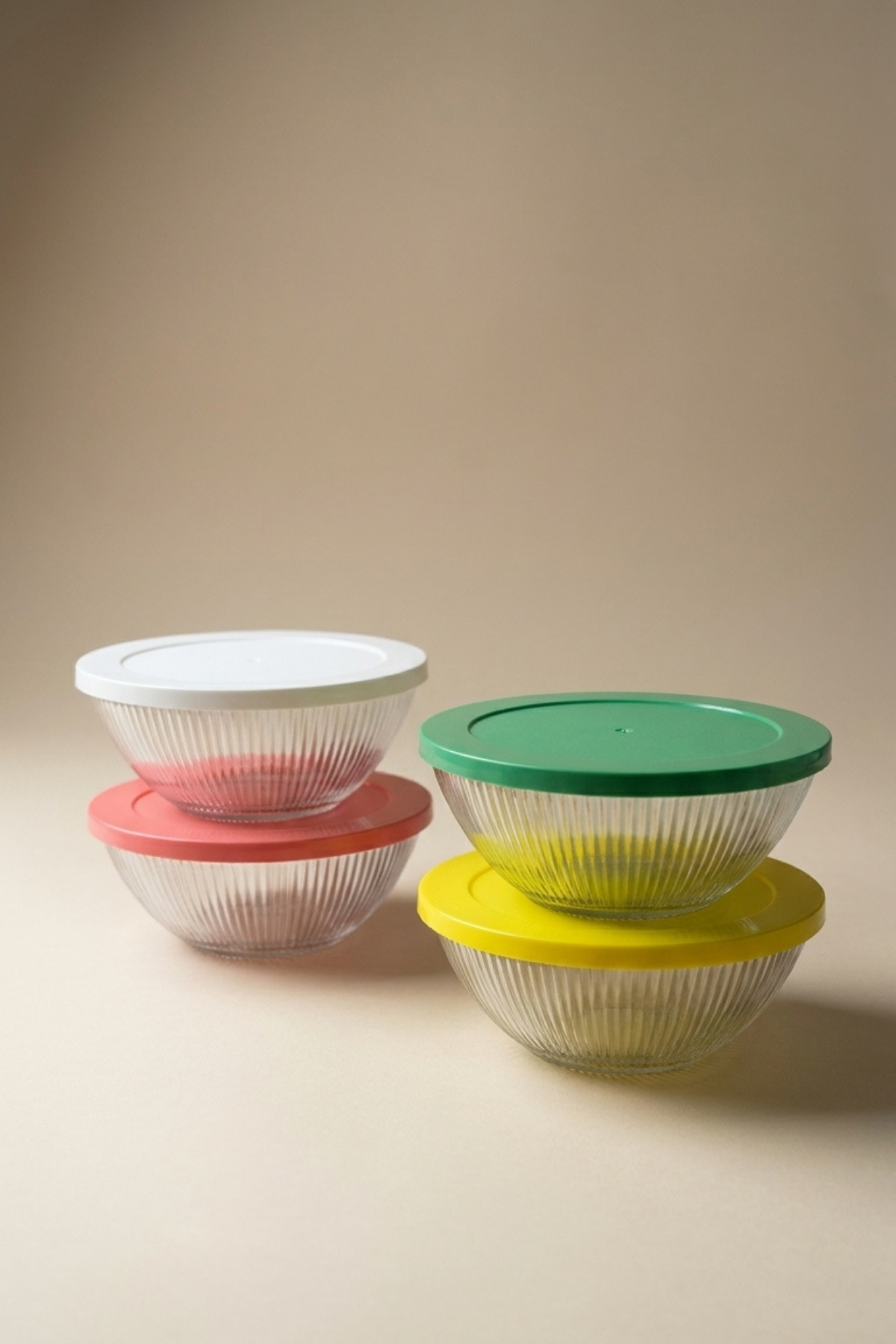 4'lü Set Çizgi Desenli Renkli Kapaklı Cam Saklama Kabı 415 ML