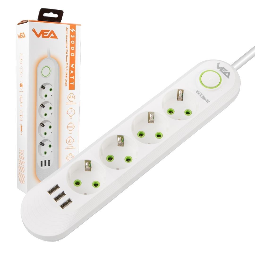 4'lü 3 USB'li 1.5 Metre Akım Korumalı Priz Beyaz