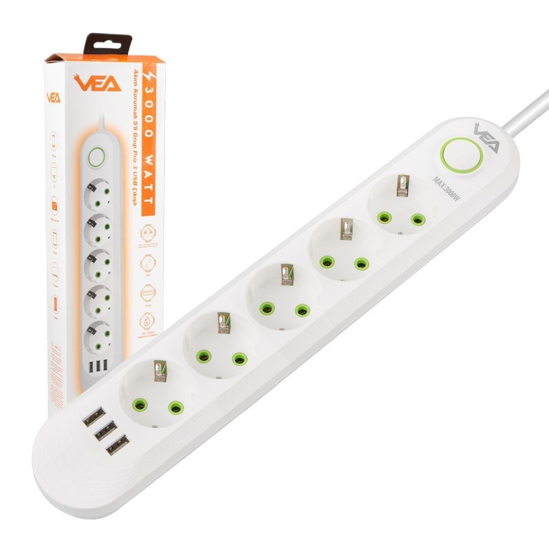 5'li 3 USB'li 1.5 Metre Akım Korumalı Priz Beyaz