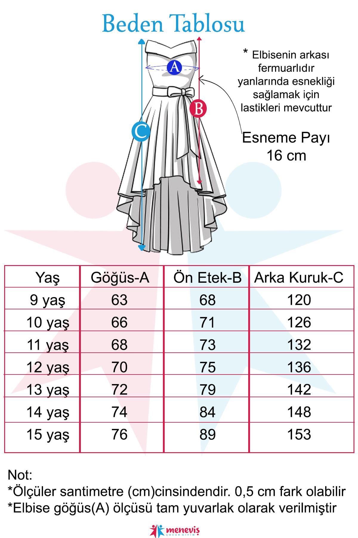 meneviş drapeli saten kuyruklu kız çocuk abiye elbise 