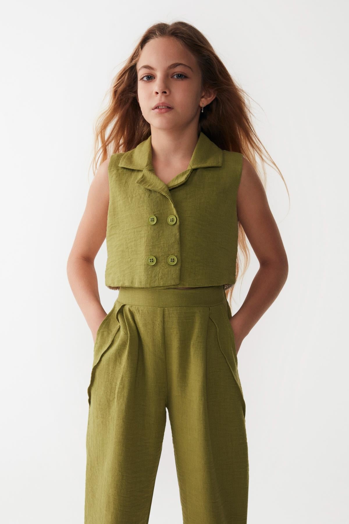nk kids olive 2'li kız çocuk pantolonlu takım 