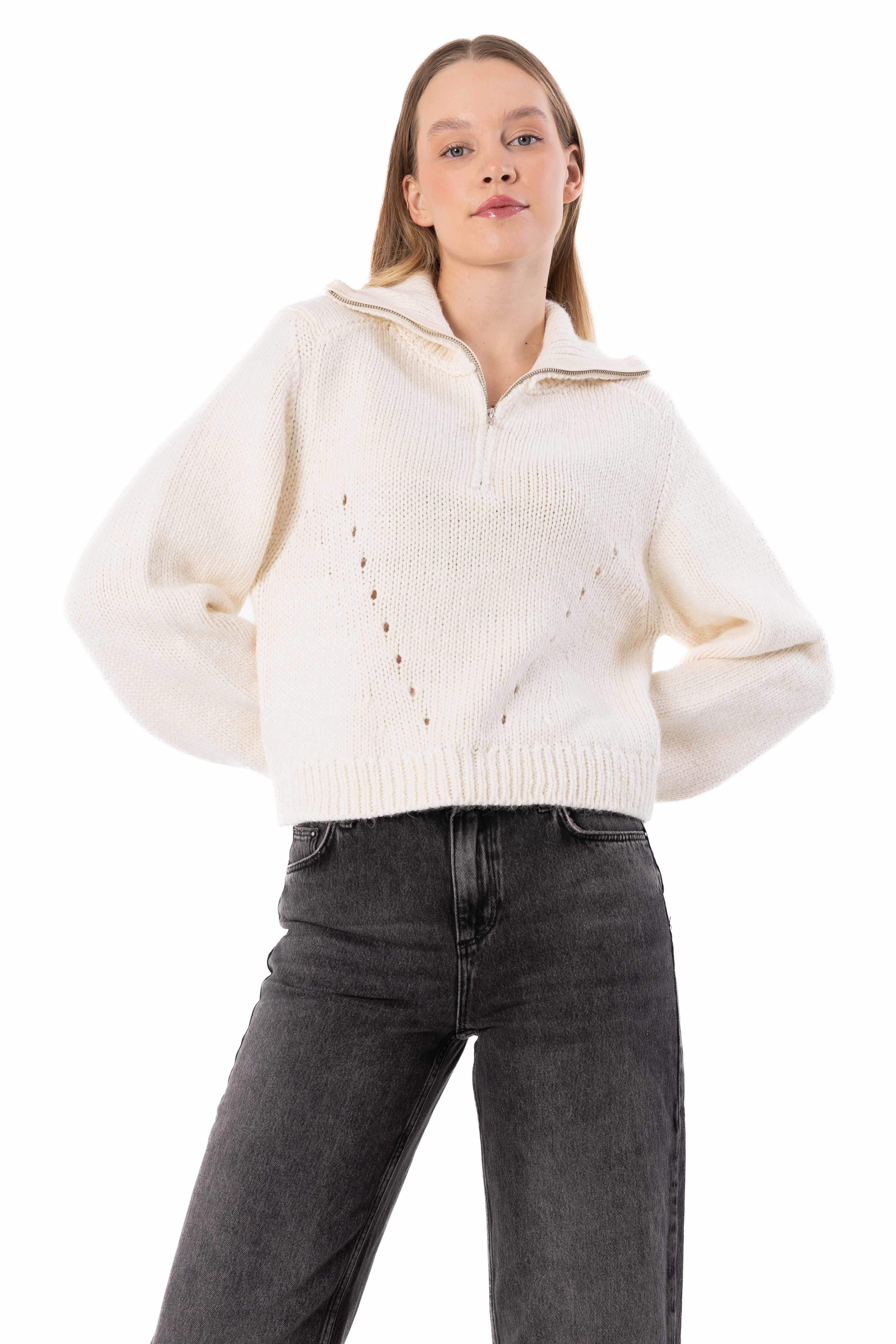 Dublin - Yakası Fermuar Detaylı Dik Yaka Triko Kazak - Ekru Renk