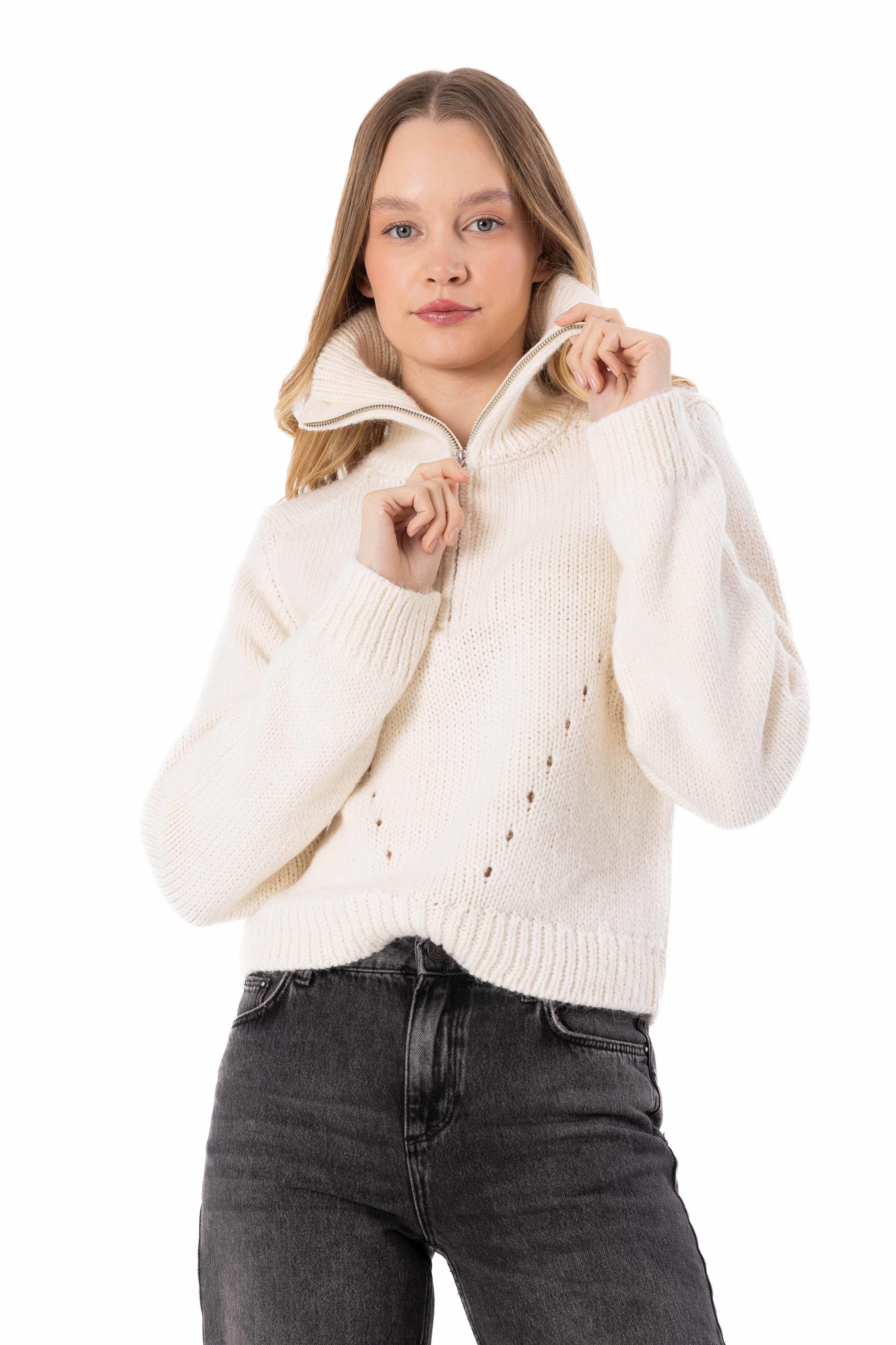 Dublin - Yakası Fermuar Detaylı Dik Yaka Triko Kazak - Ekru Renk