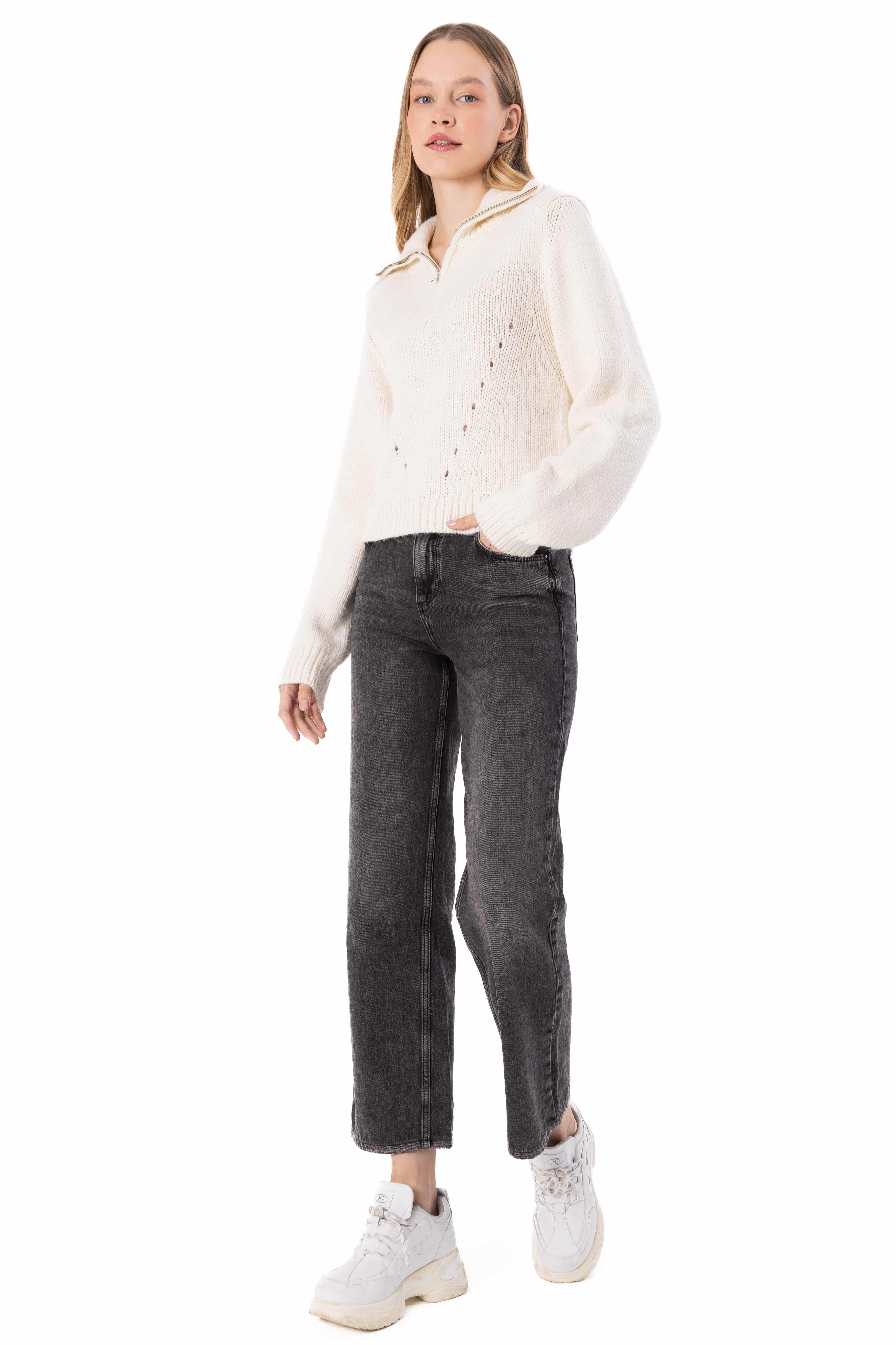 Dublin - Yakası Fermuar Detaylı Dik Yaka Triko Kazak - Ekru Renk