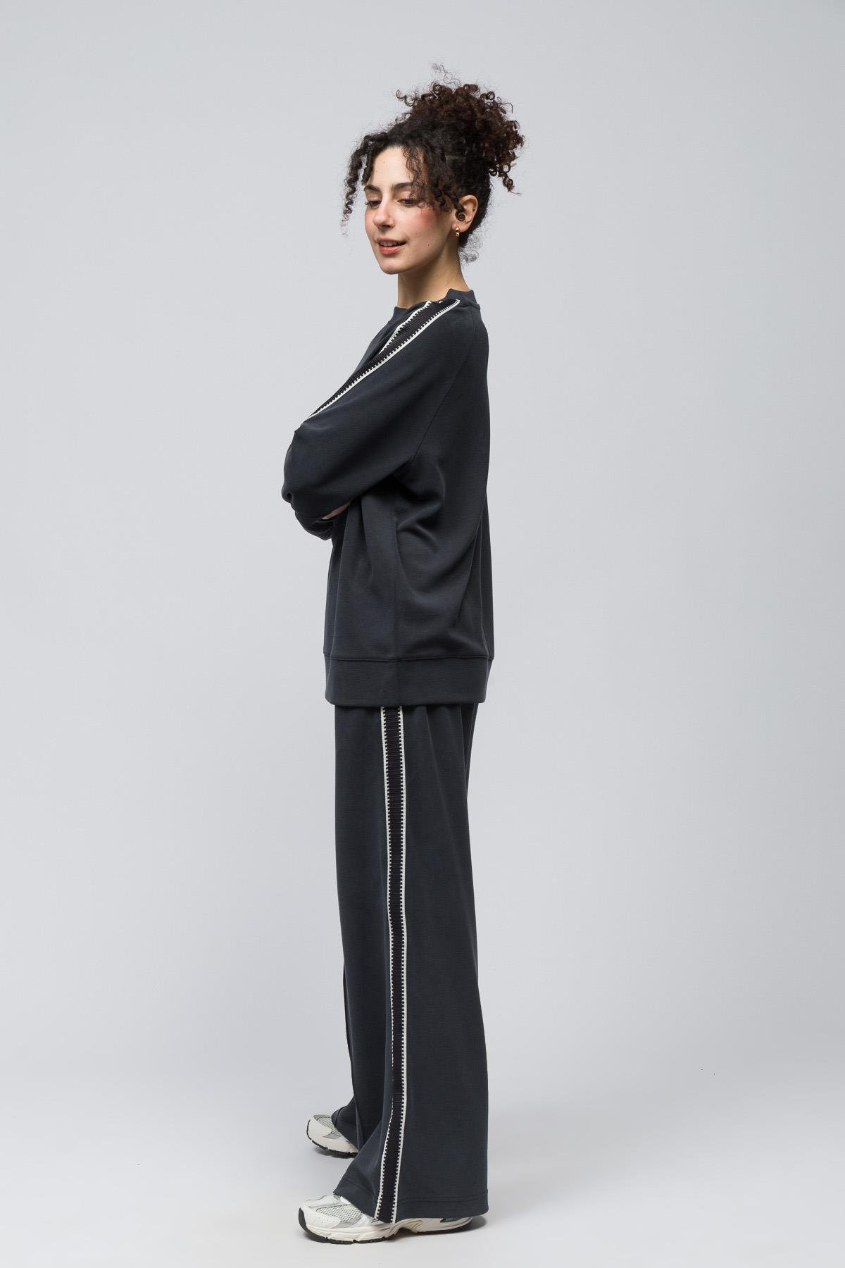 Madrid - Şerit Detaylı Pike Modal Kumaş Oversize Sweatshirt - Antrasit Renk