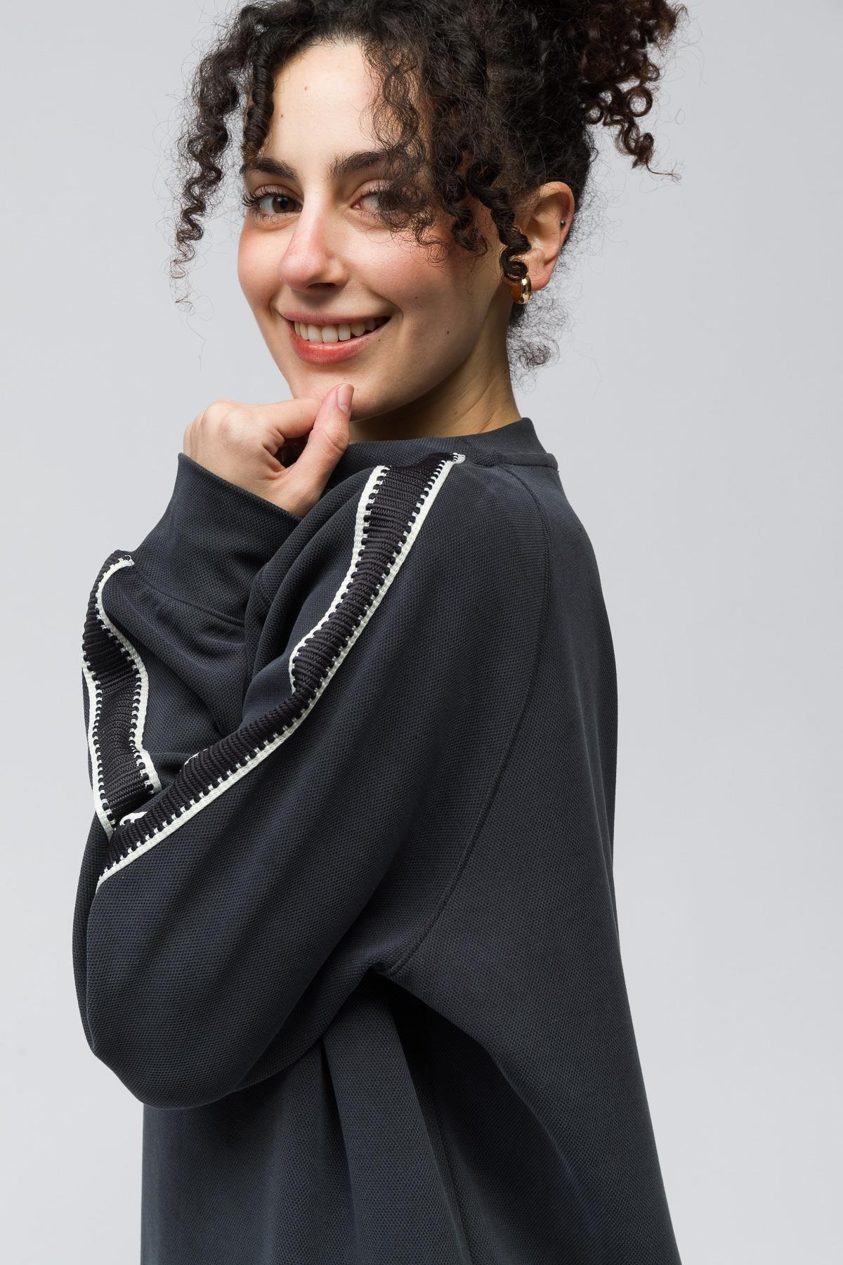 Madrid - Şerit Detaylı Pike Modal Kumaş Oversize Sweatshirt - Antrasit Renk