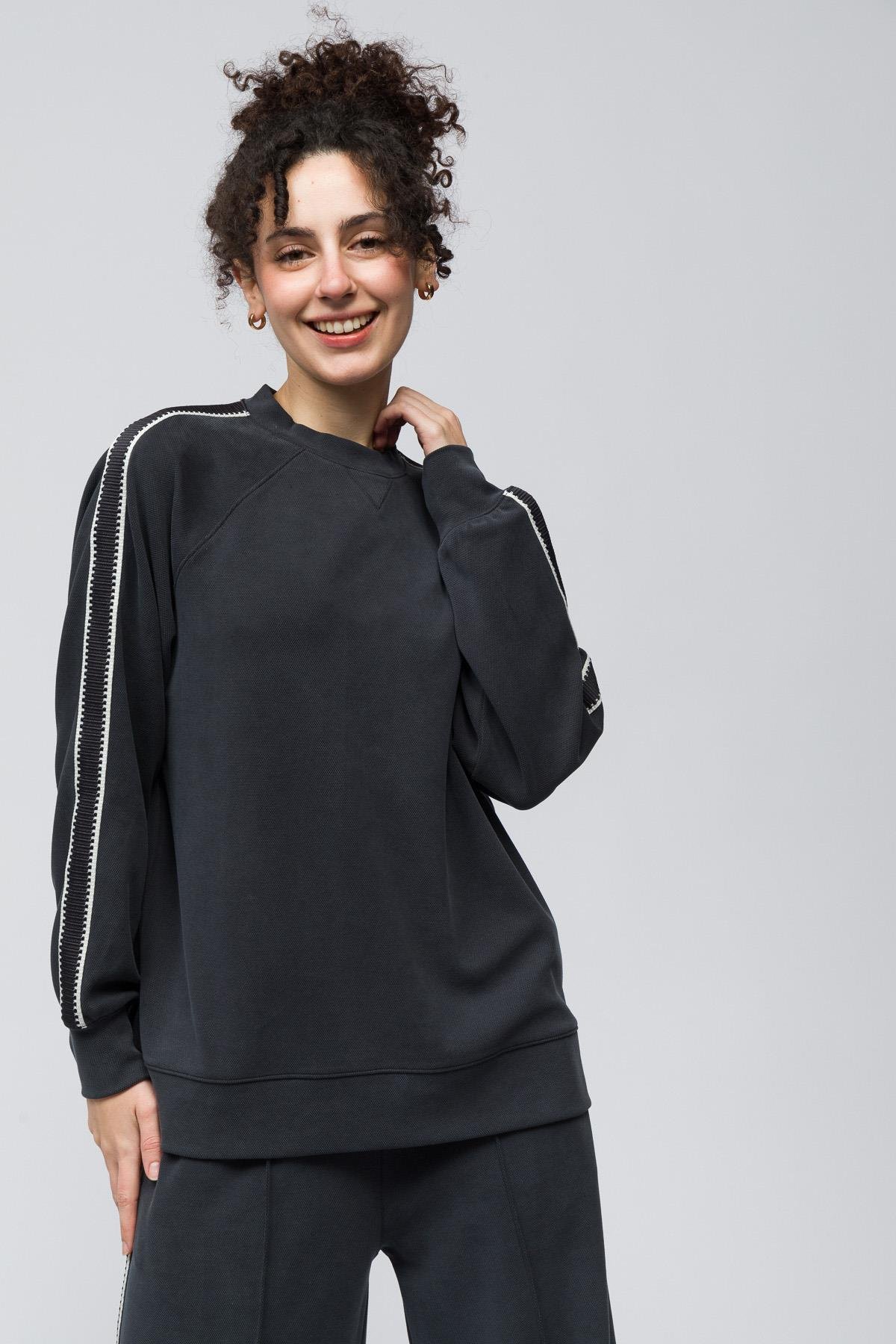 Madrid - Şerit Detaylı Pike Modal Kumaş Oversize Sweatshirt - Antrasit Renk