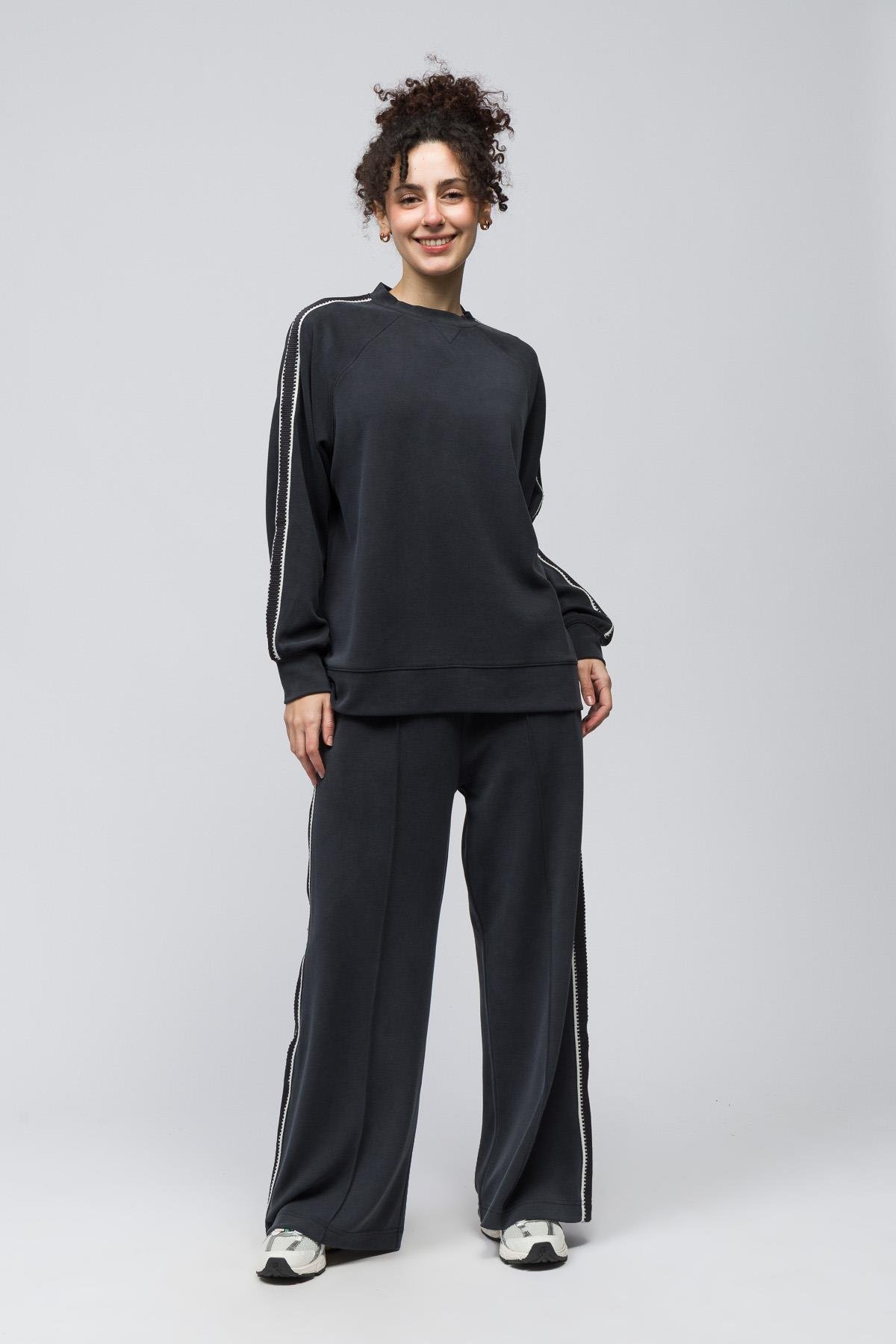 Madrid - Şerit Detaylı Pike Modal Kumaş Oversize Sweatshirt - Antrasit Renk