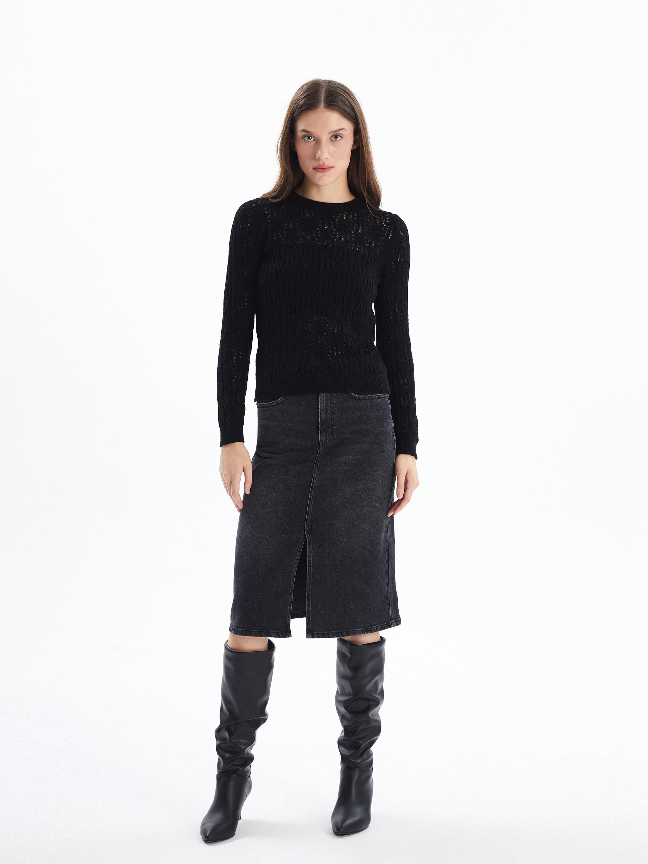 Nelson - Ajur Desenli Bisiklet Yaka Rahat Kalıp Kazak - Siyah Renk