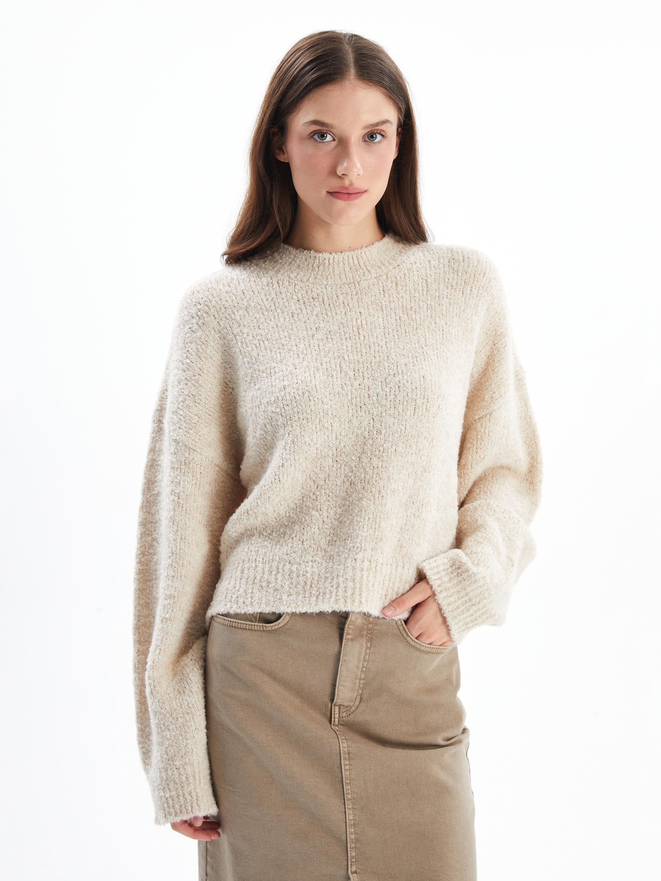 Salerno - Düz Yumuşak Dokulu Oversize Kalıp Uzun Kollu Kazak - Ekru Renk