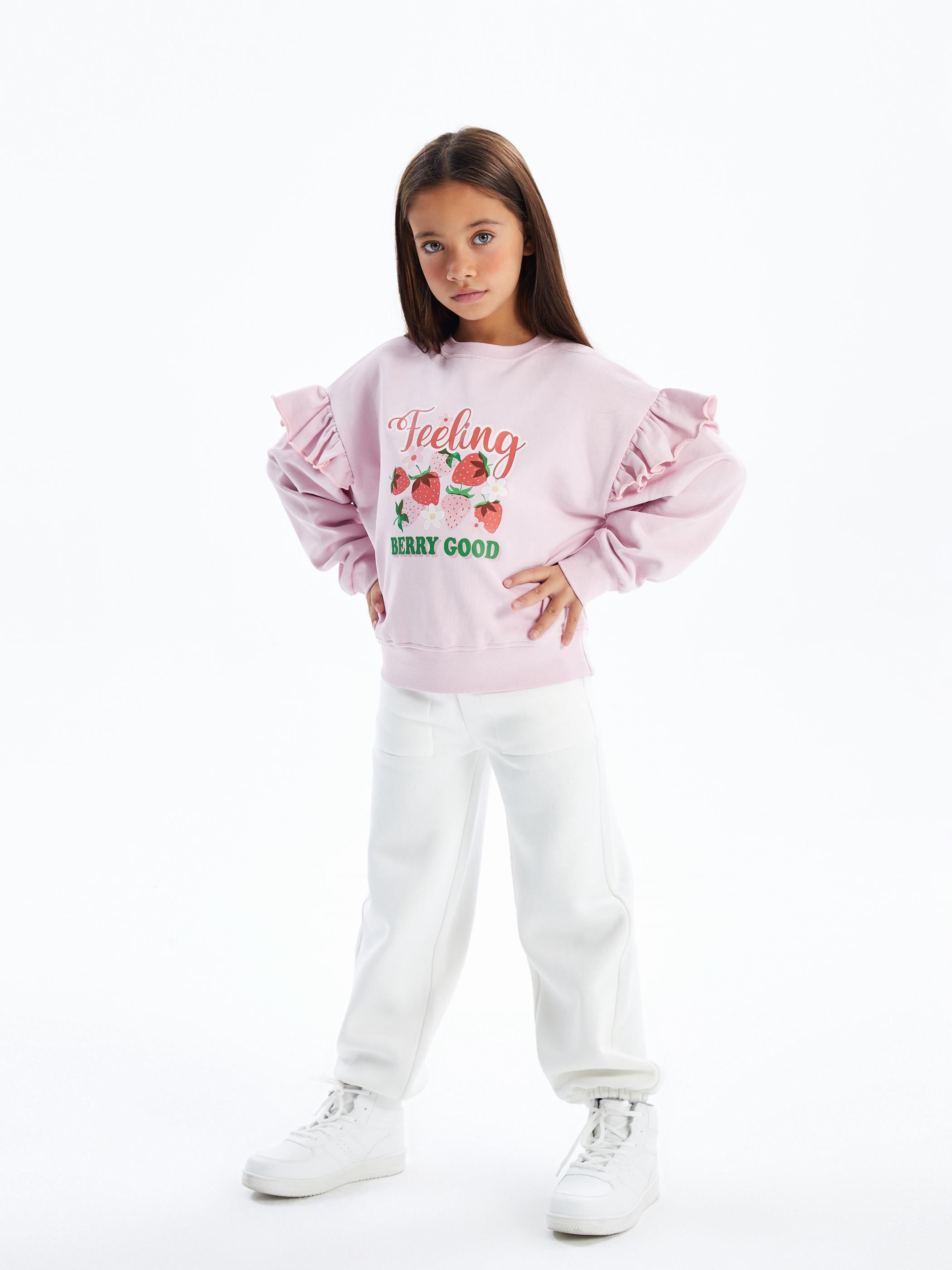 Strawberry - Bisiklet Yaka Kolları Fırfır Detaylı Dijital Baskılı Sweatshirt - Pembe Renk