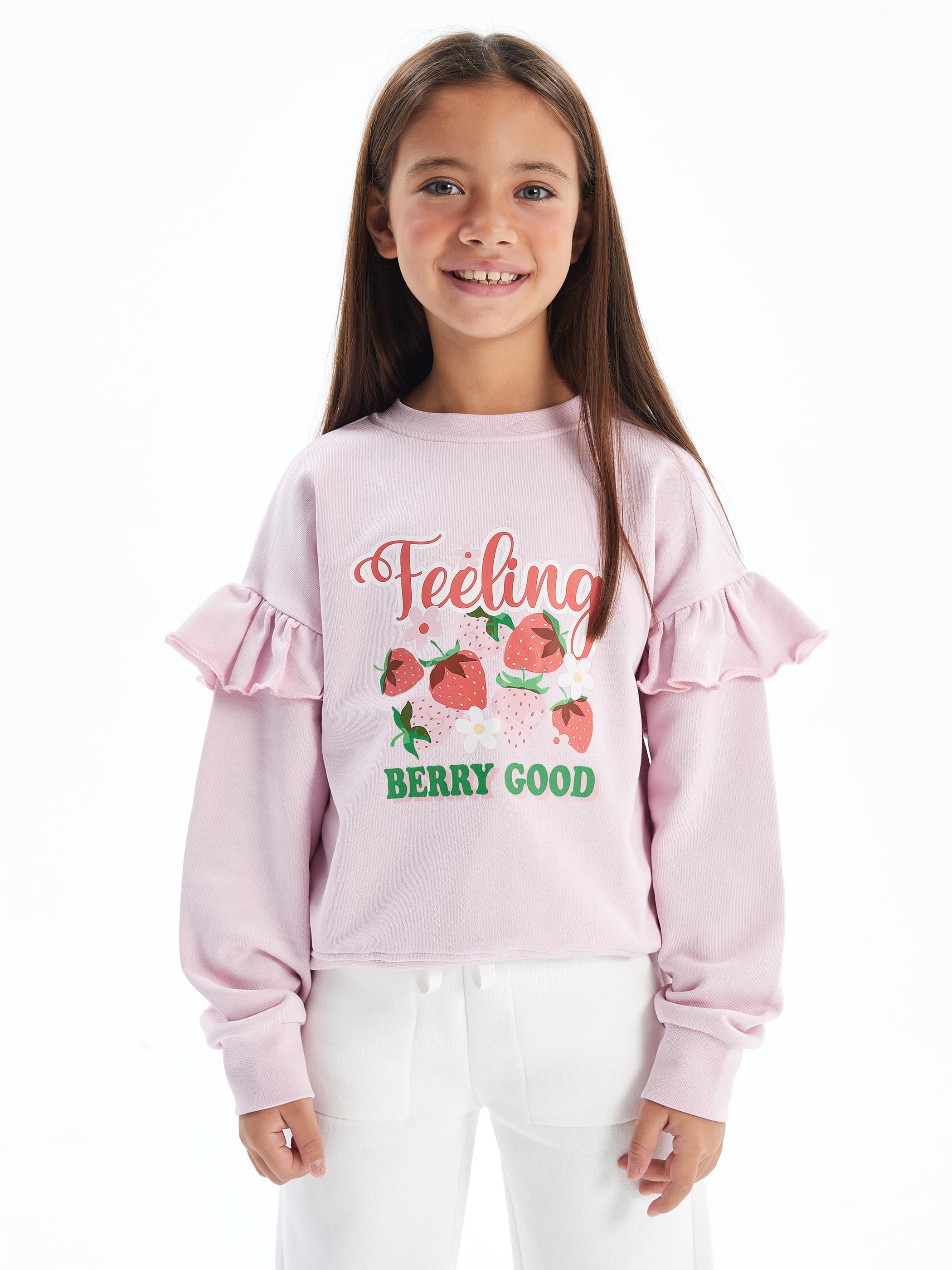 Strawberry - Bisiklet Yaka Kolları Fırfır Detaylı Dijital Baskılı Sweatshirt - Pembe Renk