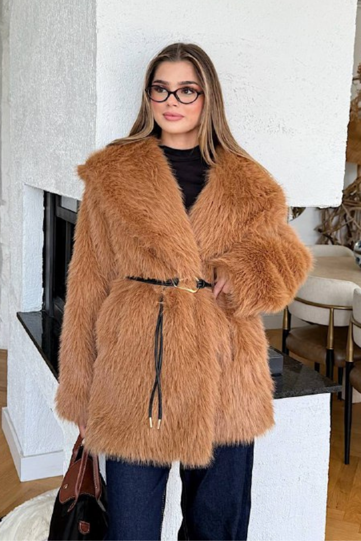 Kadın Camel Kemerli Şal Yaka Kürk Mont – Astarlı, Kruvaze, Suni Kürk Kaban Ceket