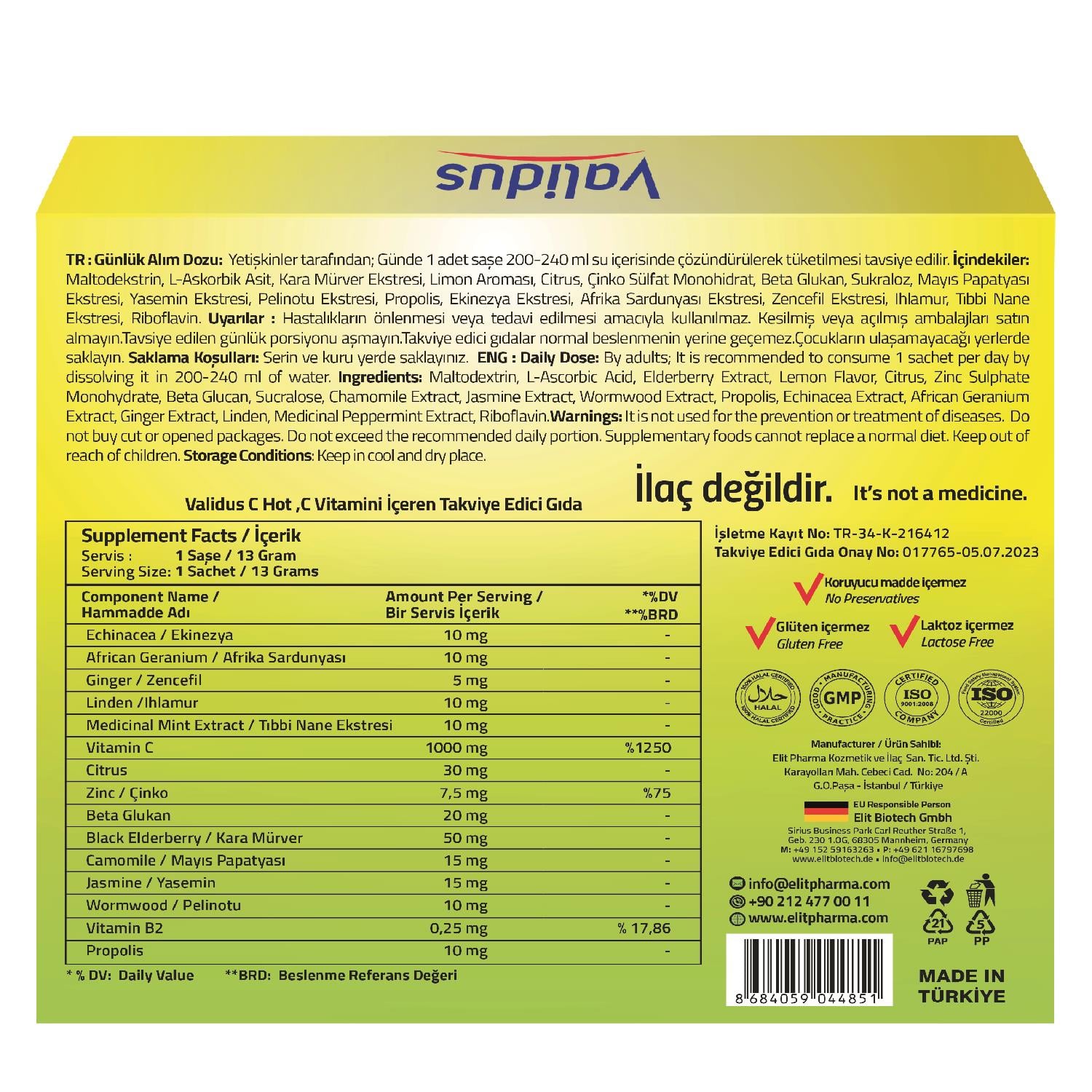Hot Herbal Complex, Vitamin C 1000 Mg Karamürver 50 Mg Propolis 10 Mg 13gr 12 sachet