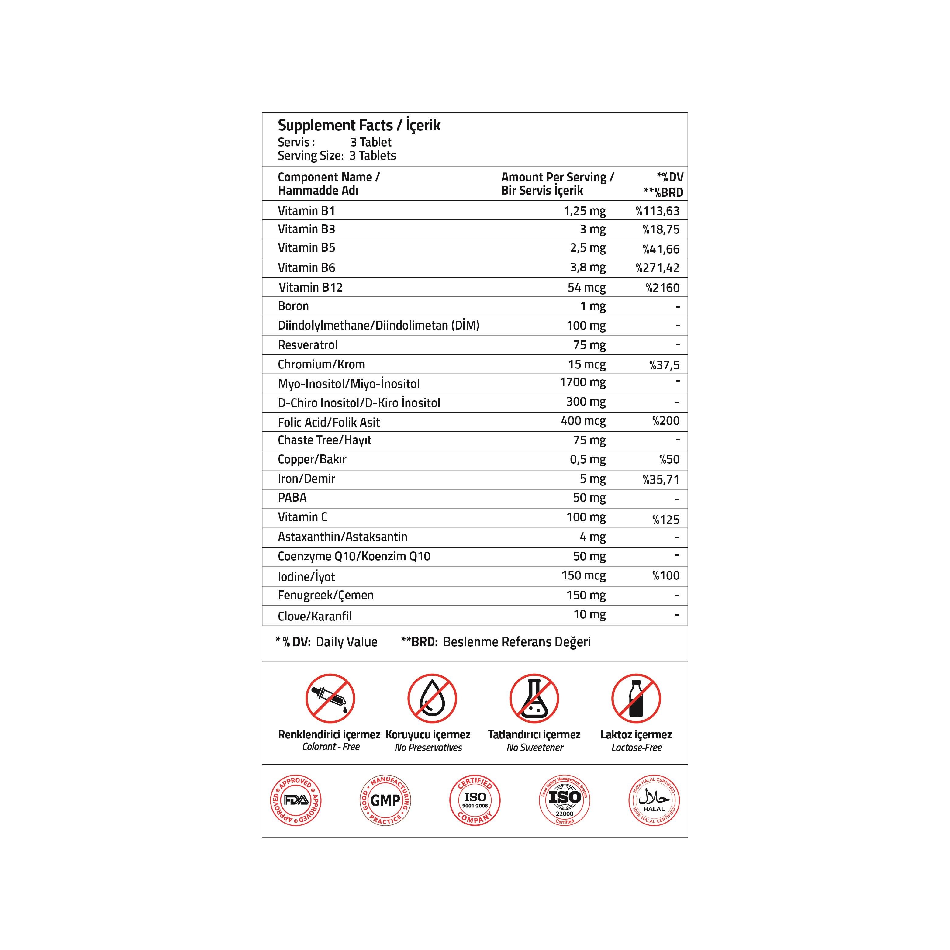 Infer-female Miyo-inositol 1700 mg + D-kiro Inositol 300 mg ve Dım 120 Tablet