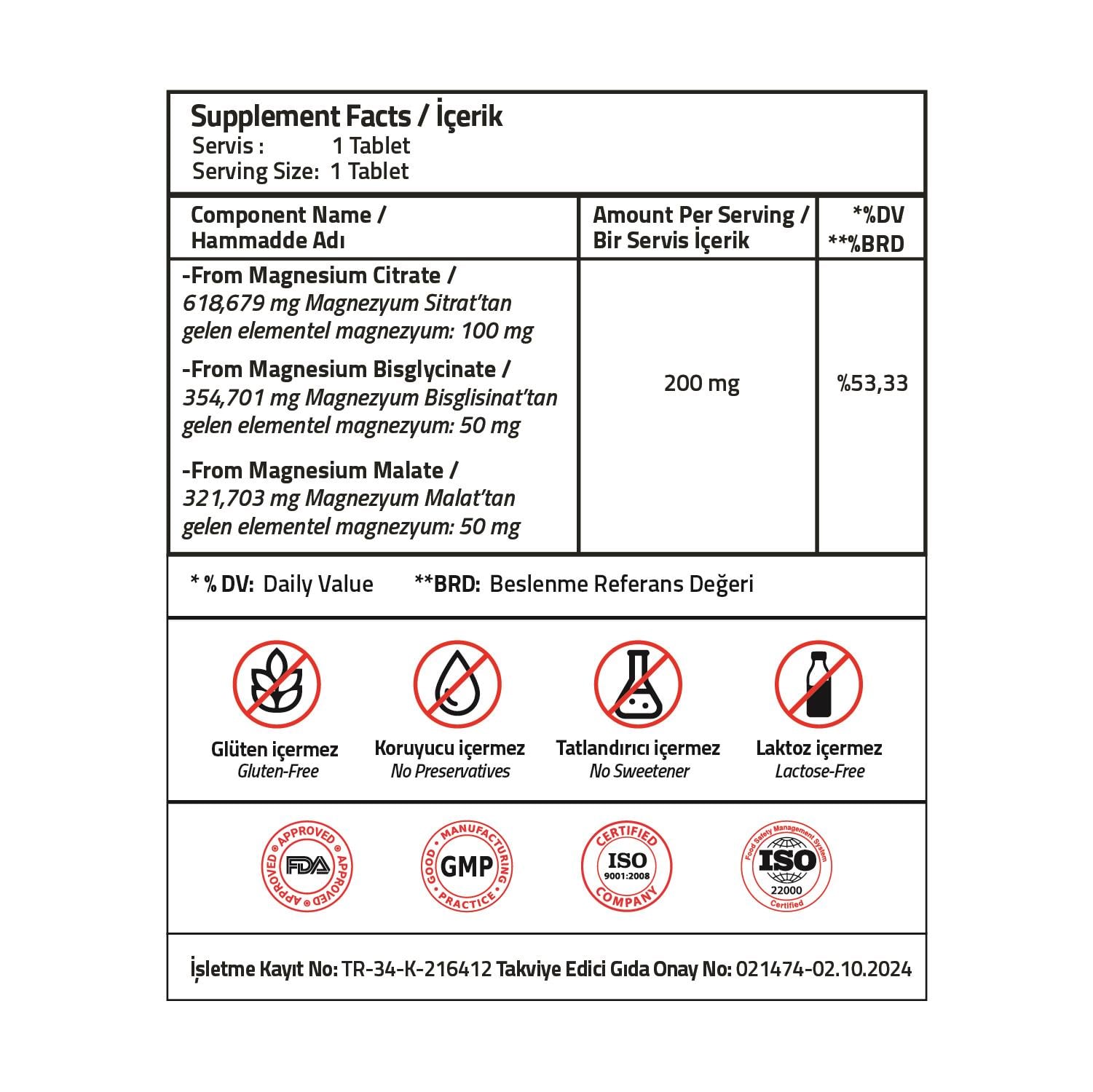 Validus Extra Magnesium Complex Bisglycinate + Sitrat + Malat 200 mg 60 Tablets