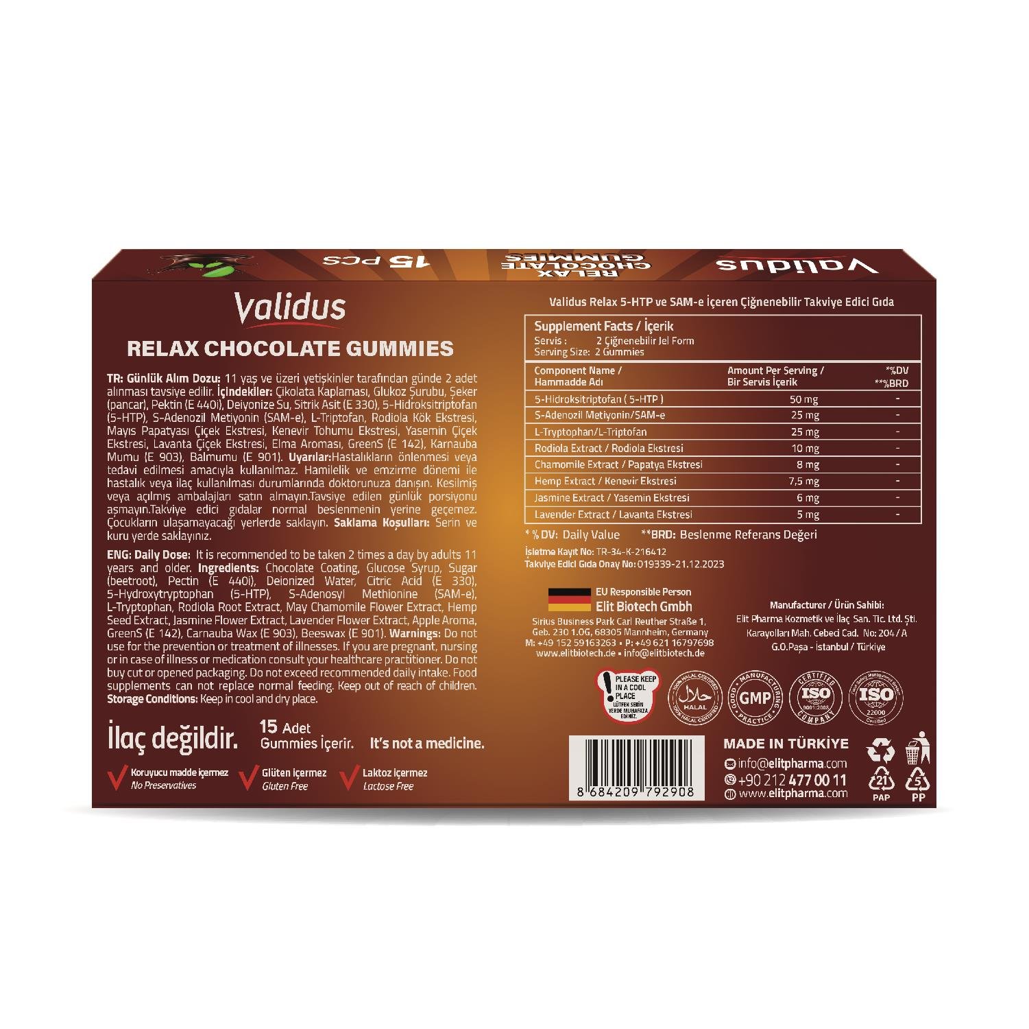 Validus Relax Chocolate 15 Gummies 5-HTTP 50 mg + Sam-e 25 mg