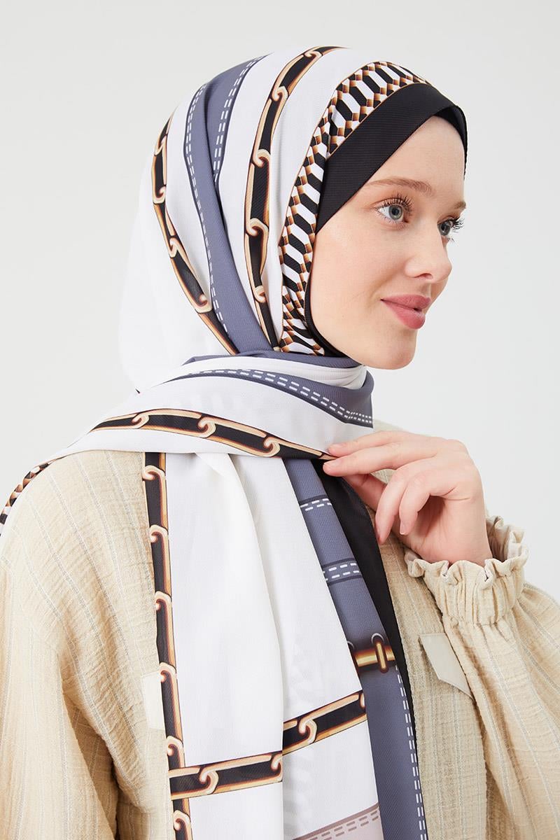 Fivescarf A.Haki Zincir Desen Violet Medine İpeği Şal