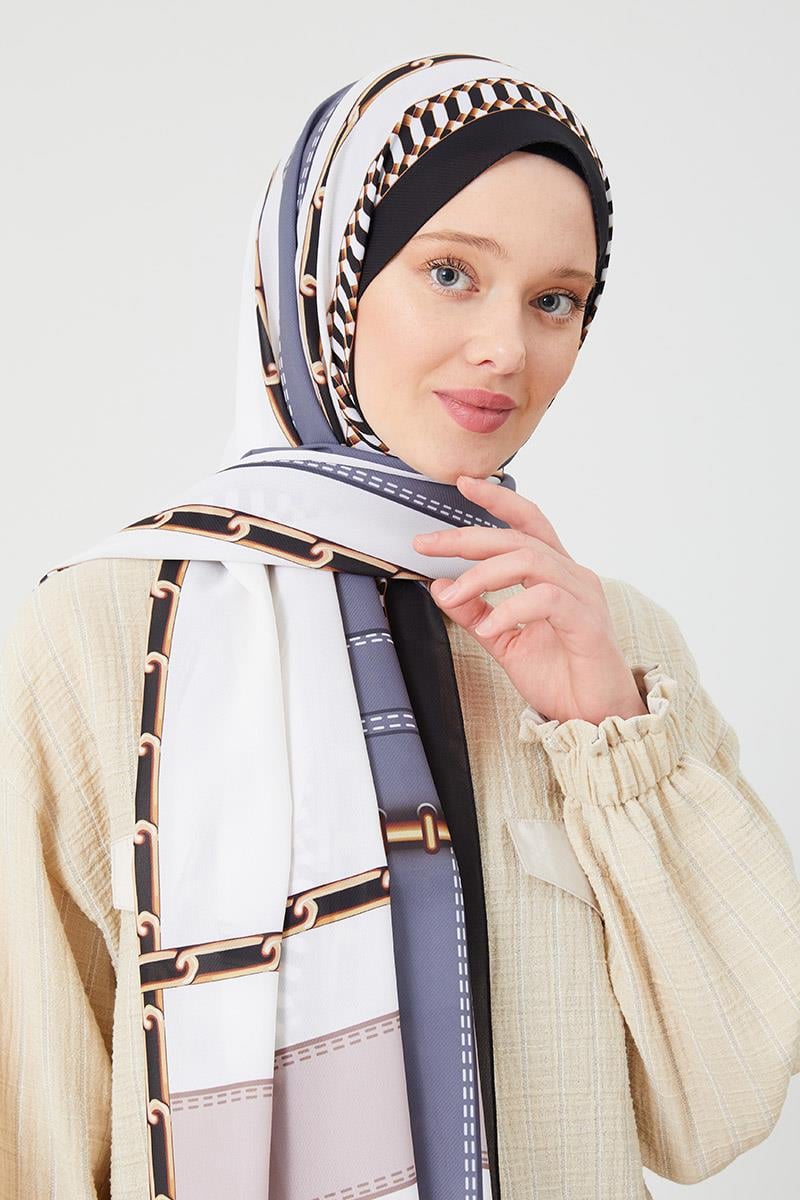 Fivescarf A.Haki Zincir Desen Violet Medine İpeği Şal