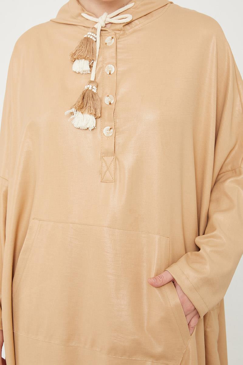 Levidor Camel Kanguru Çepli Parlak Kumaş Tunik