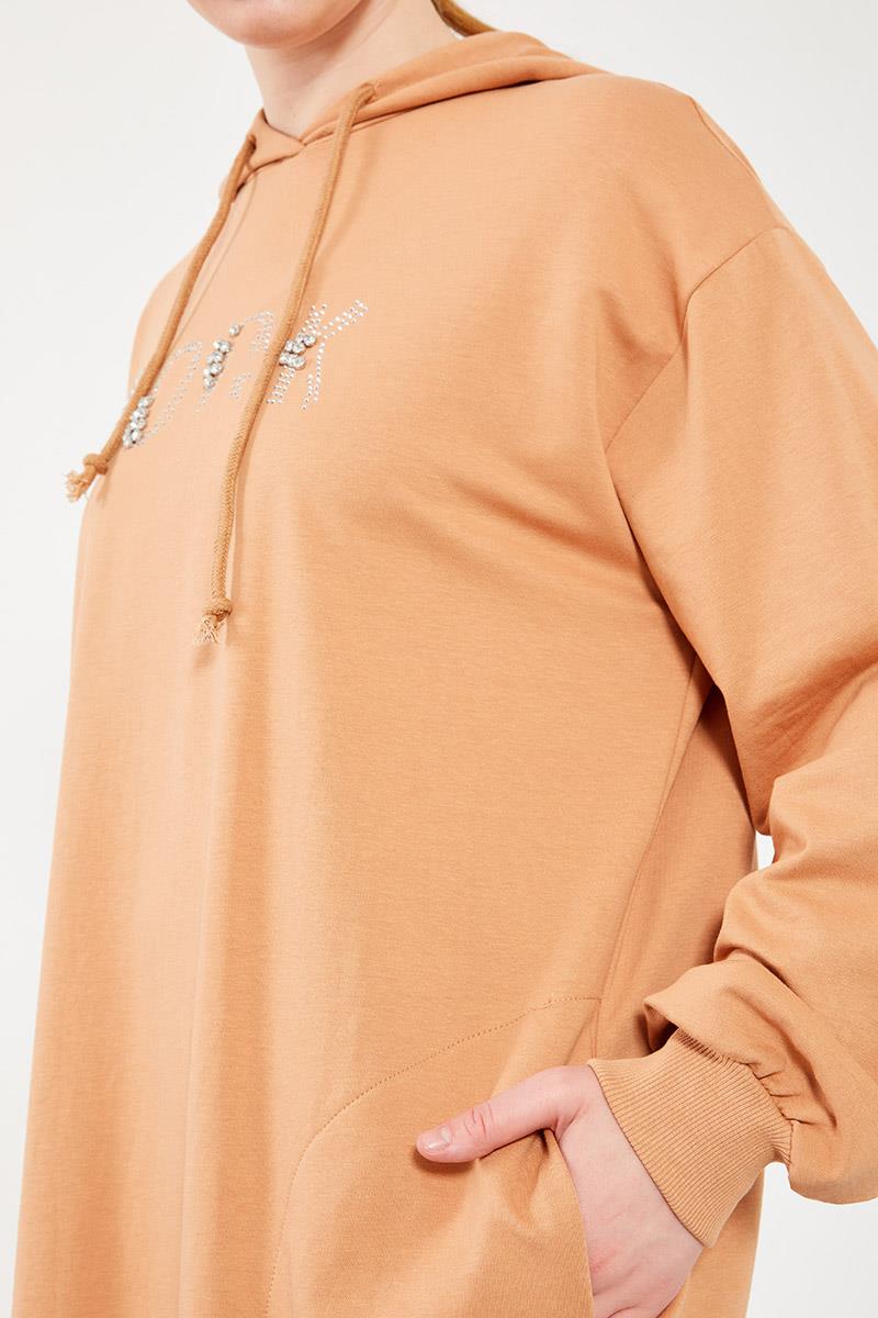 Levidor Camel Taş İşlemeli Kapuşonlu Oversize Elbise