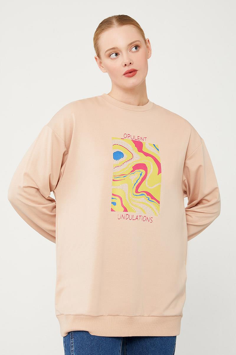 Levidor Latte Bisiklet Yaka Taş Baskılı Sweat