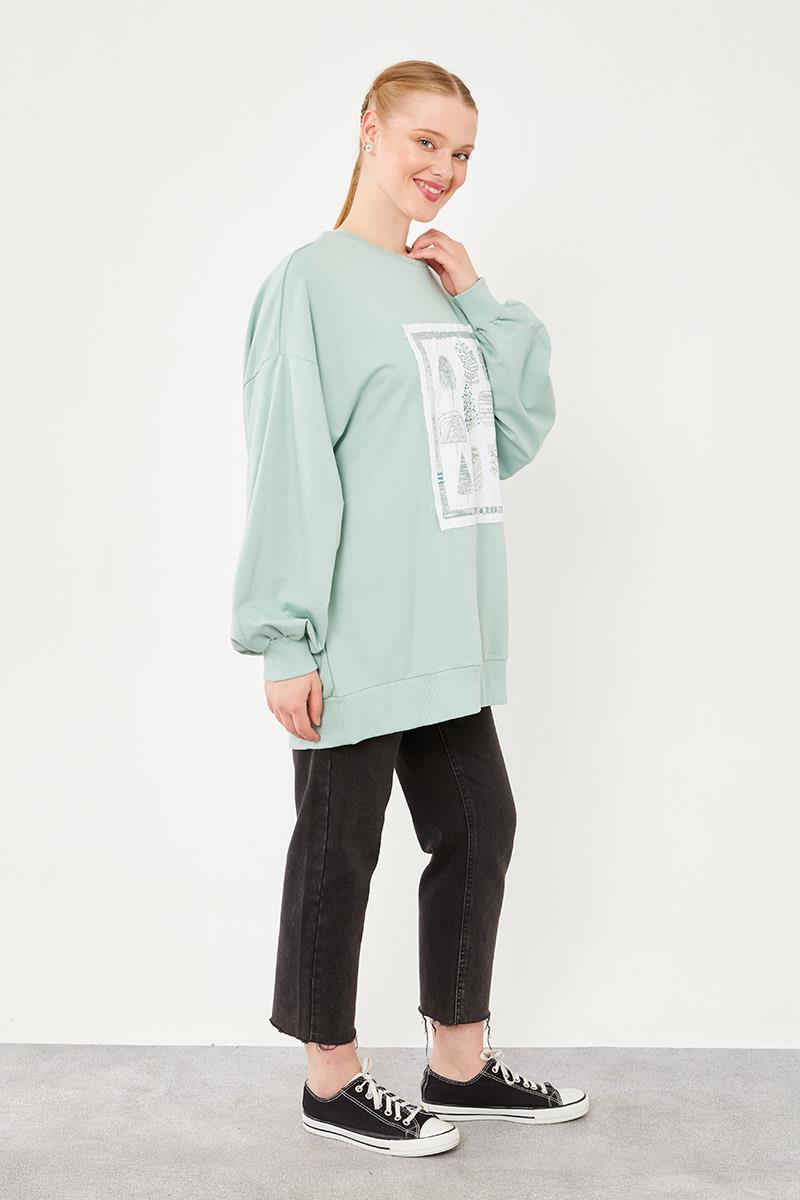 Levidor Mint Yeşili Bisiklet Yaka Baskılı Sweat