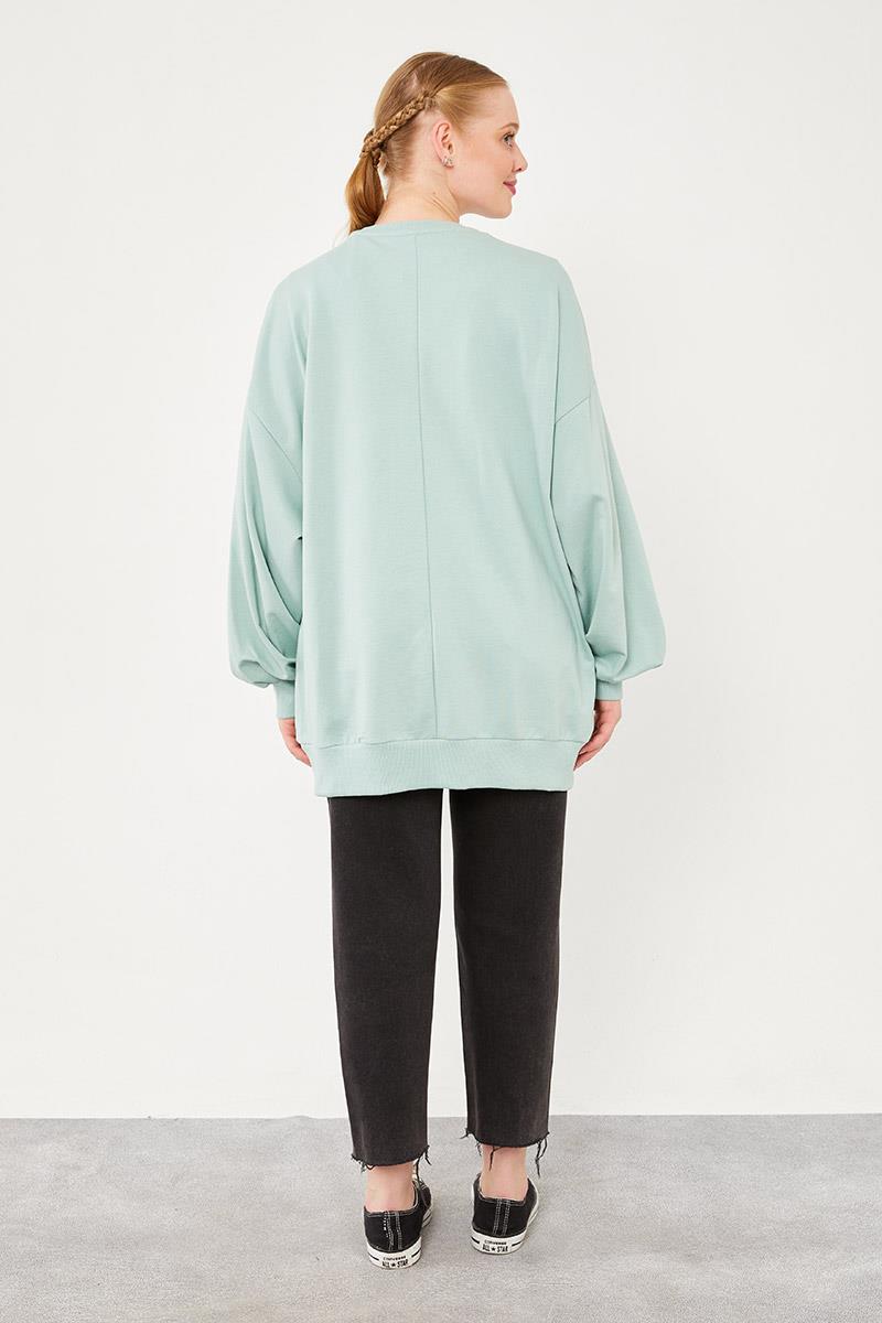 Levidor Mint Yeşili Bisiklet Yaka Baskılı Sweat