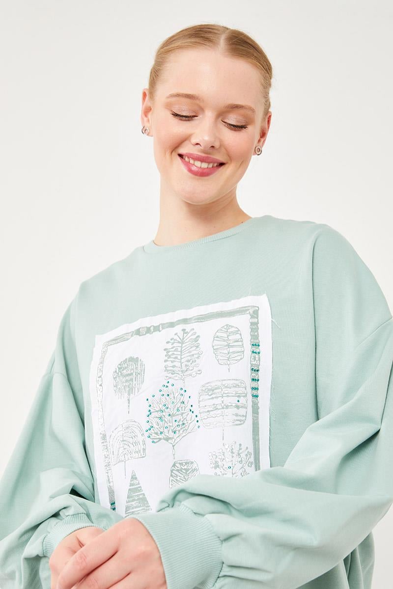 Levidor Mint Yeşili Bisiklet Yaka Baskılı Sweat