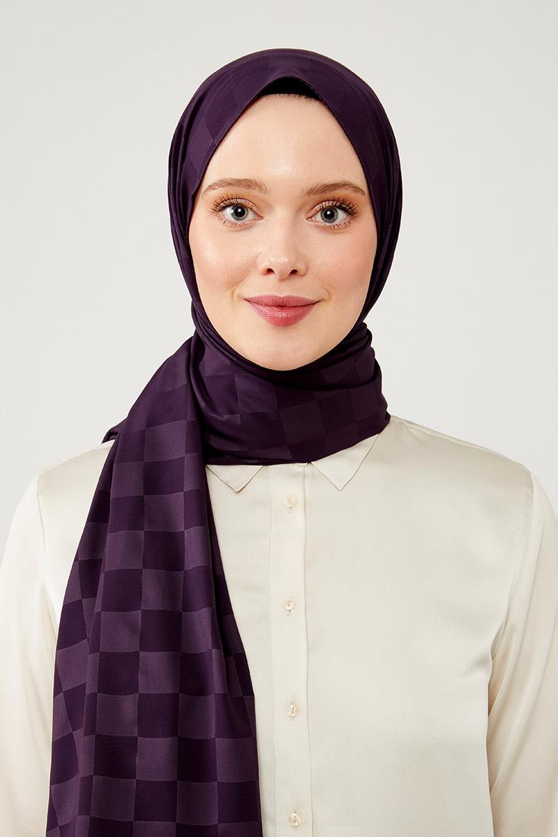 Levidor Patlıcan Moru Dama Desen Jakarlı Elegance Şal