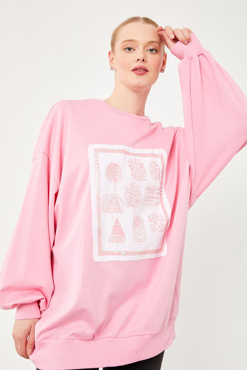 Levidor Pembe Bisiklet Yaka Baskılı Sweat