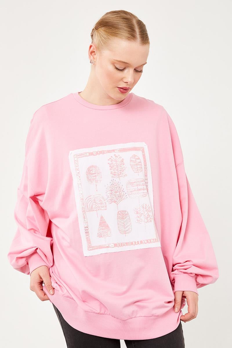 Levidor Pembe Bisiklet Yaka Baskılı Sweat