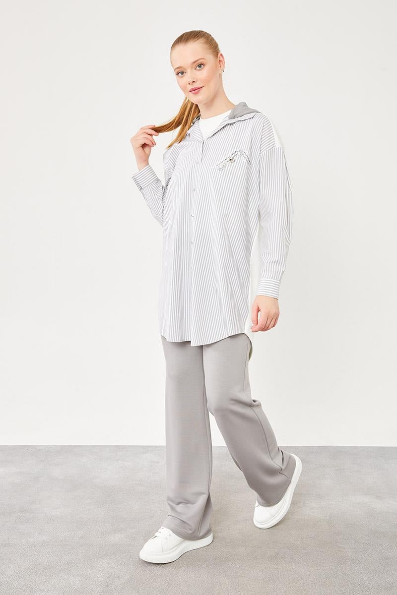 Levidor Studio Gri Kapüşonlu Poplin Kumaş Karışımlı Spor Takım