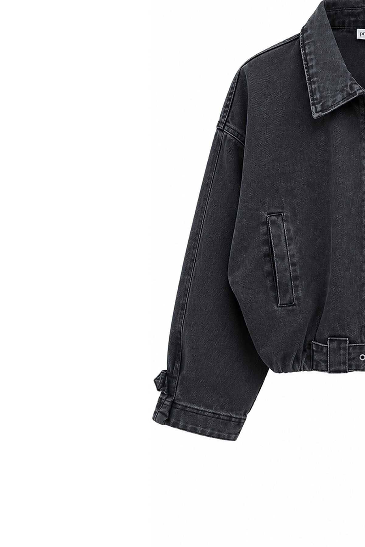 Beli Kemerli Kısa Denim Ceket Füme