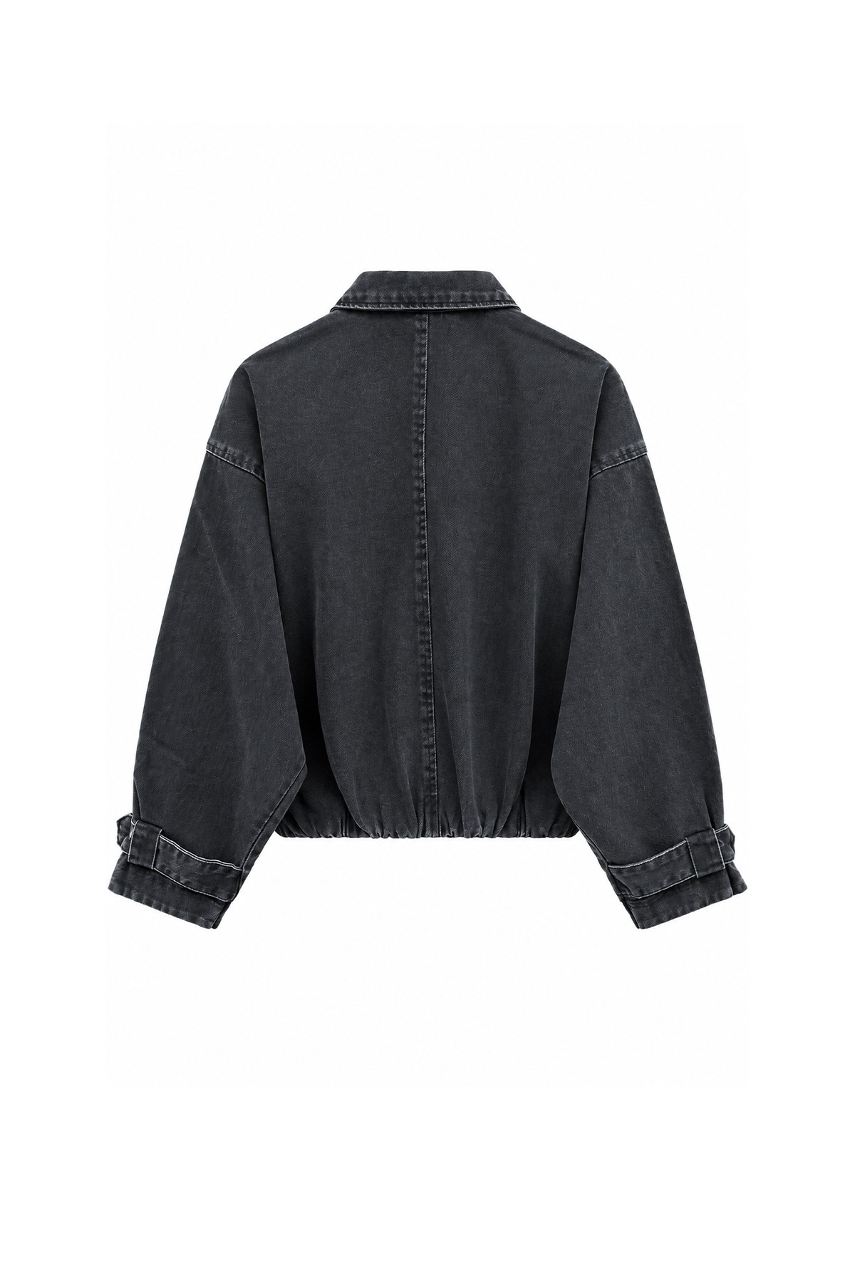 Beli Kemerli Kısa Denim Ceket Füme