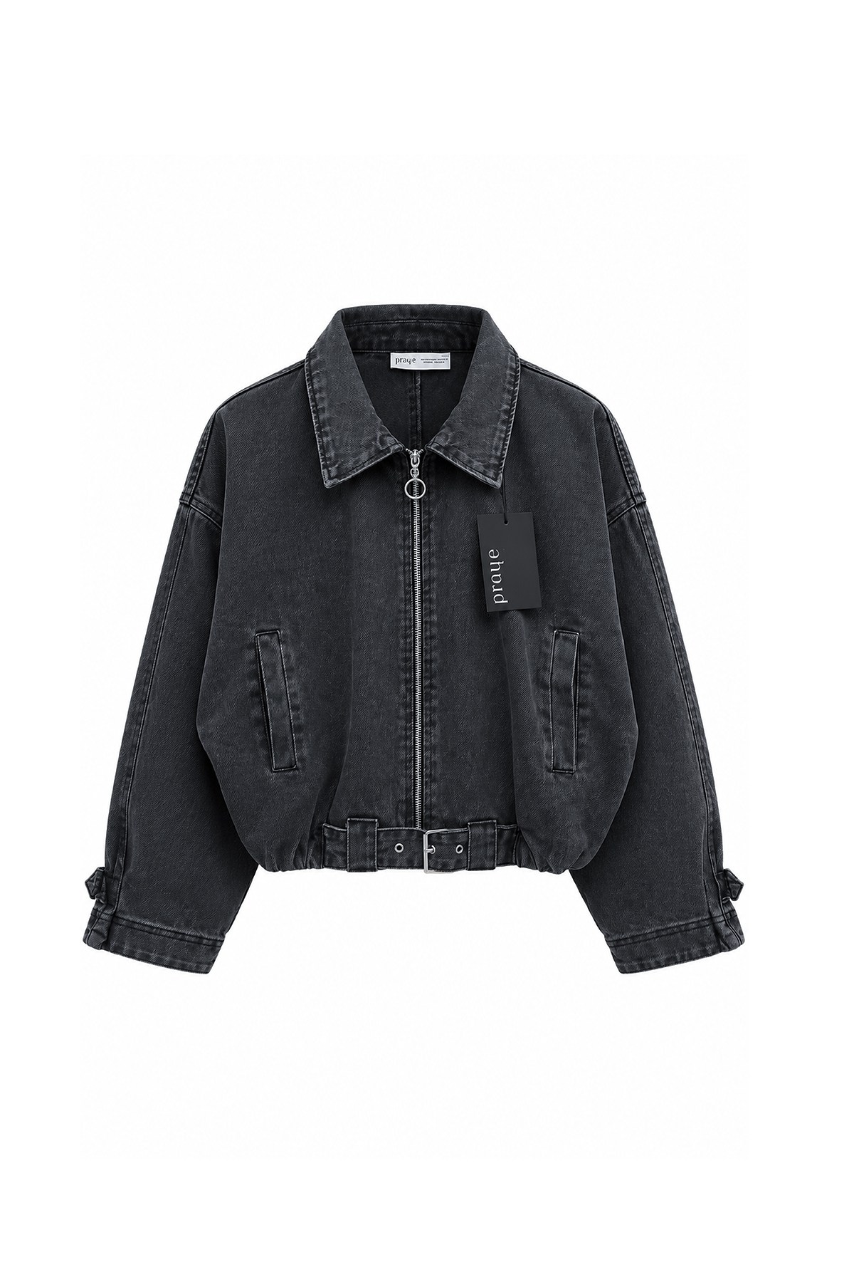 Beli Kemerli Kısa Denim Ceket Füme