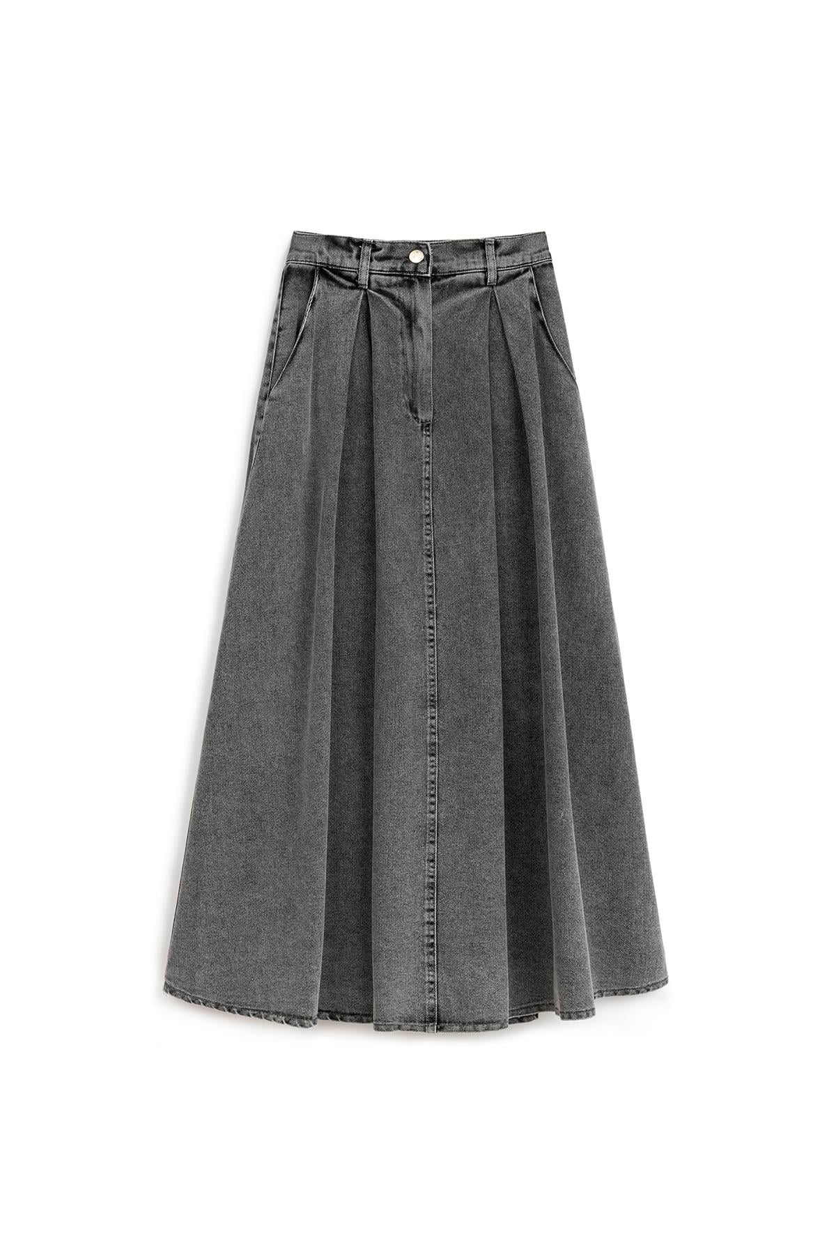 Cepli Kloş Denim Etek Füme