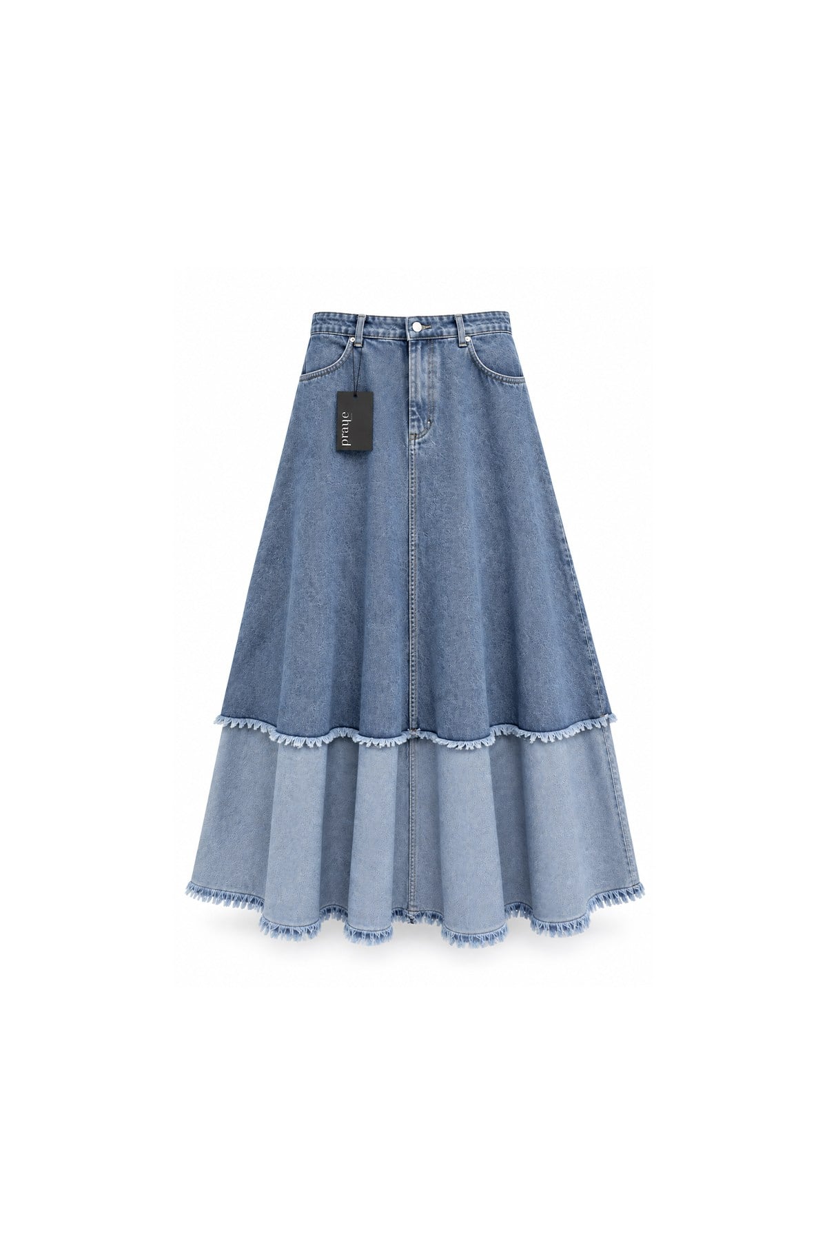 Püsküllü Çift Renk Denim Etek Açık Mavi