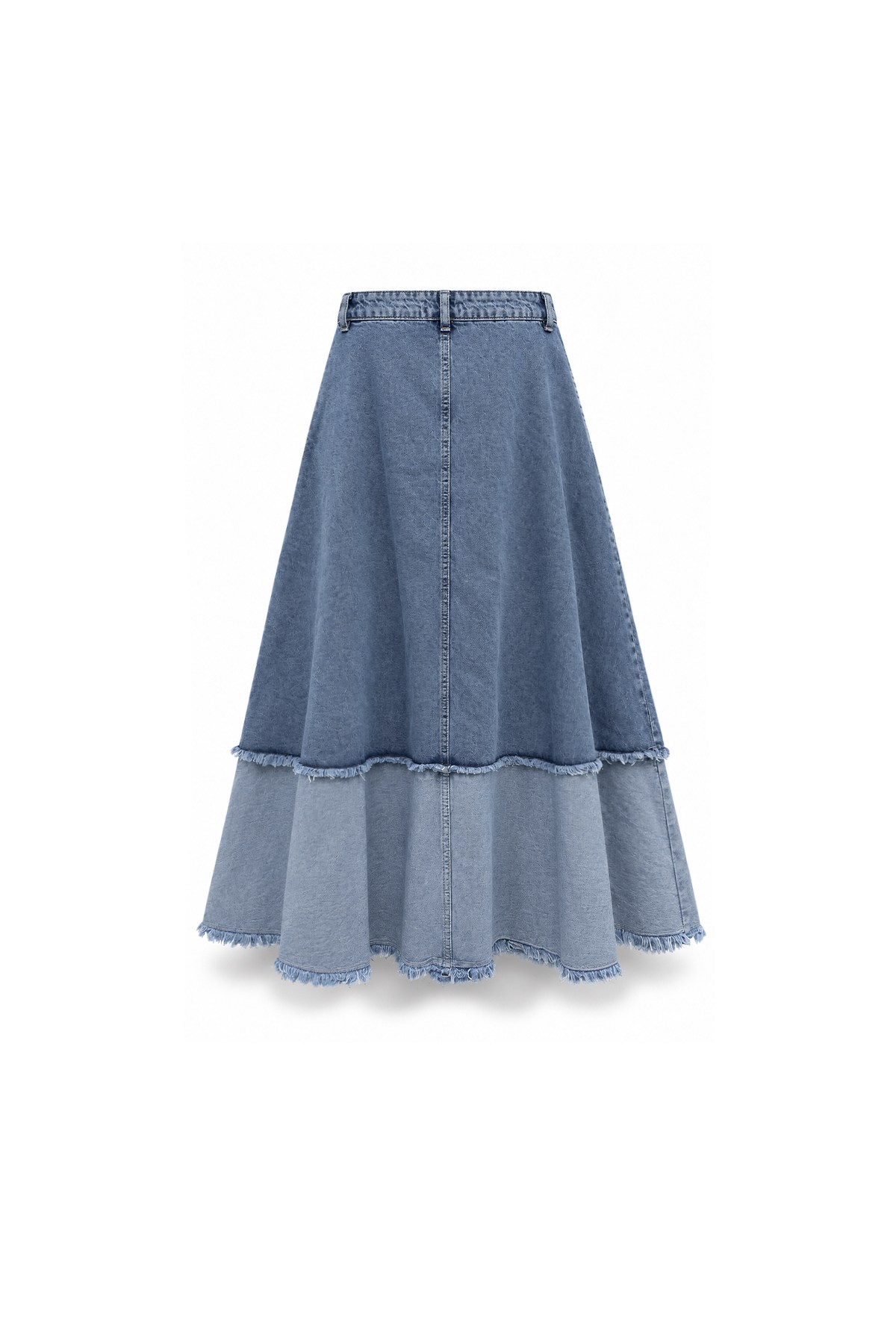 Püsküllü Çift Renk Denim Etek Açık Mavi