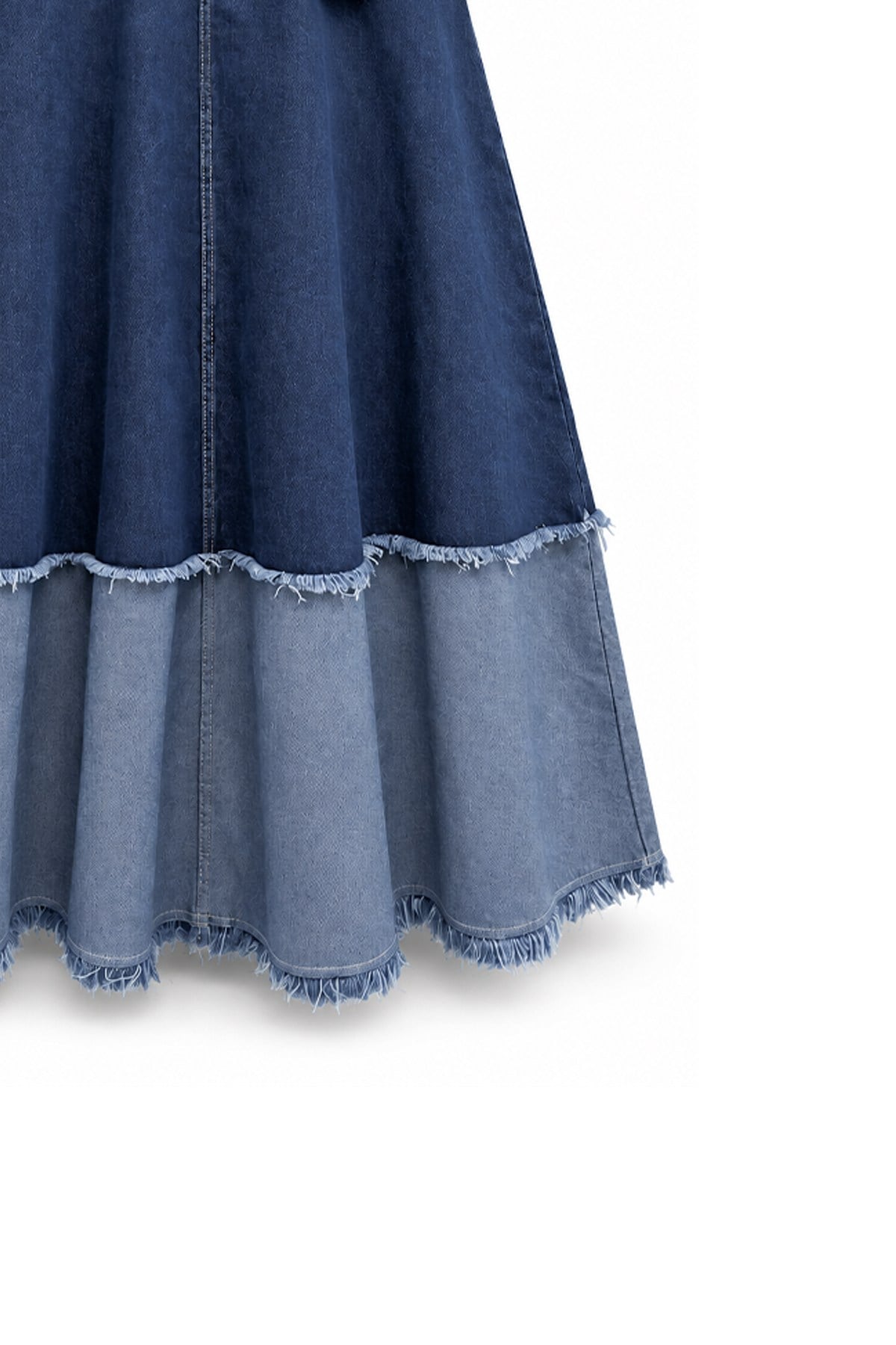 Püsküllü Çift Renk Denim Etek Mavi