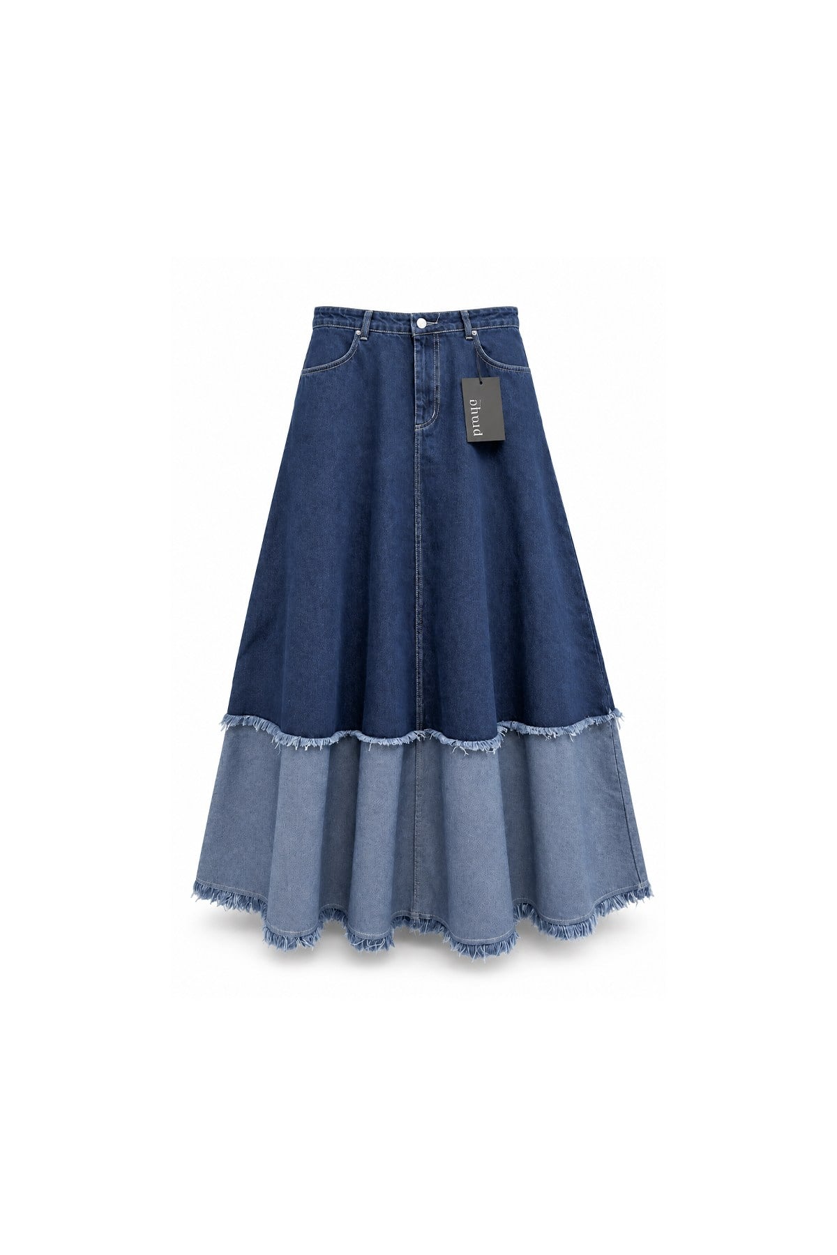 Püsküllü Çift Renk Denim Etek Mavi