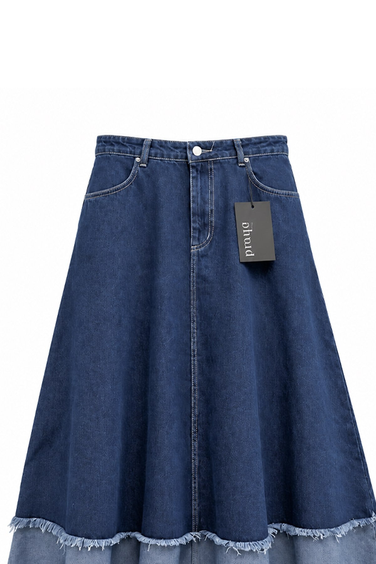 Püsküllü Çift Renk Denim Etek Mavi