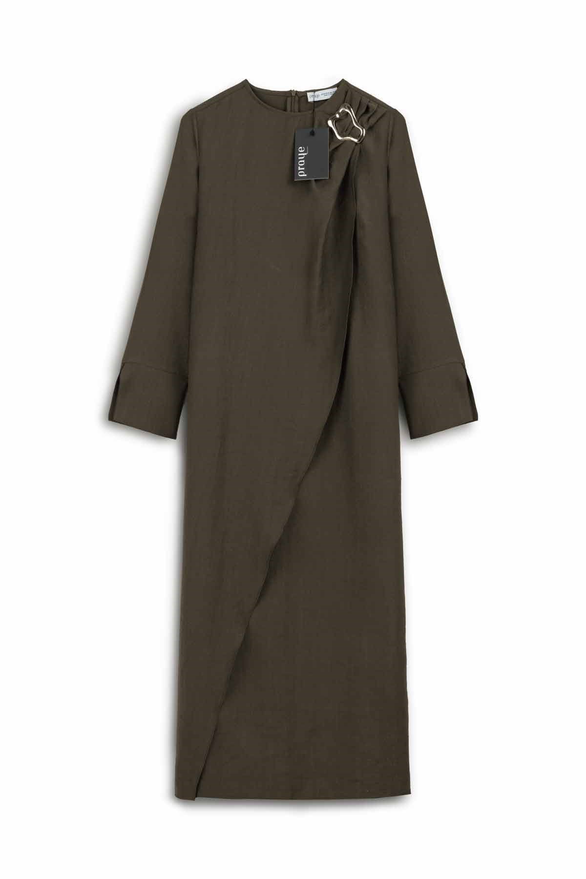 Tokalı Tencel Elbise Kahverengi