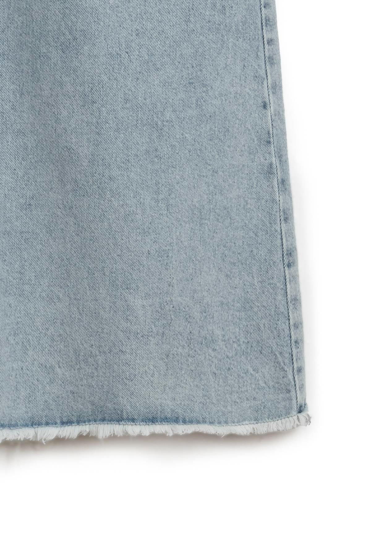 Uzun Püsküllü Denim Etek Buz Mavi