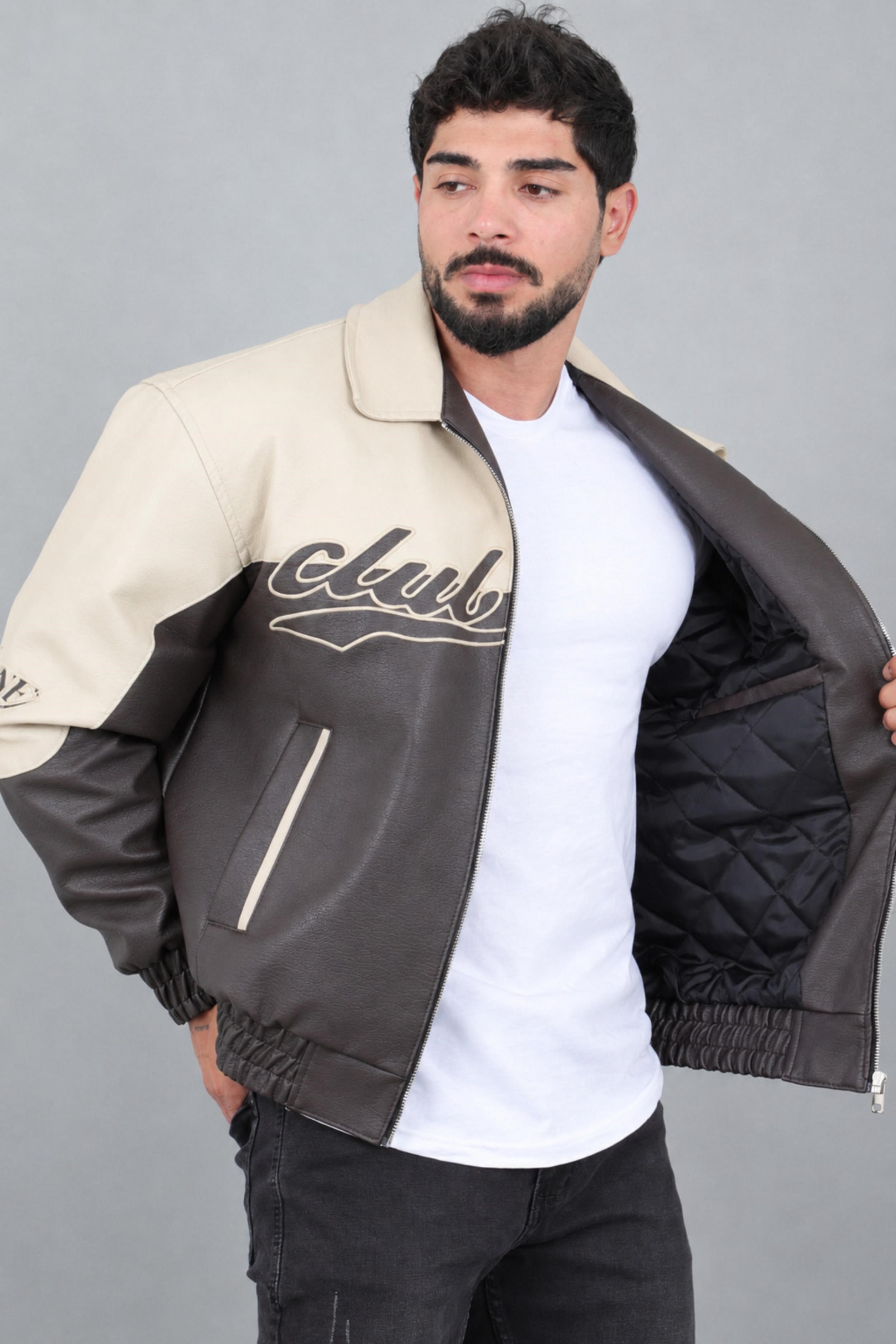 Baskılı Çift Renk Oversize Suni Deri Mont KMD 882_50531
